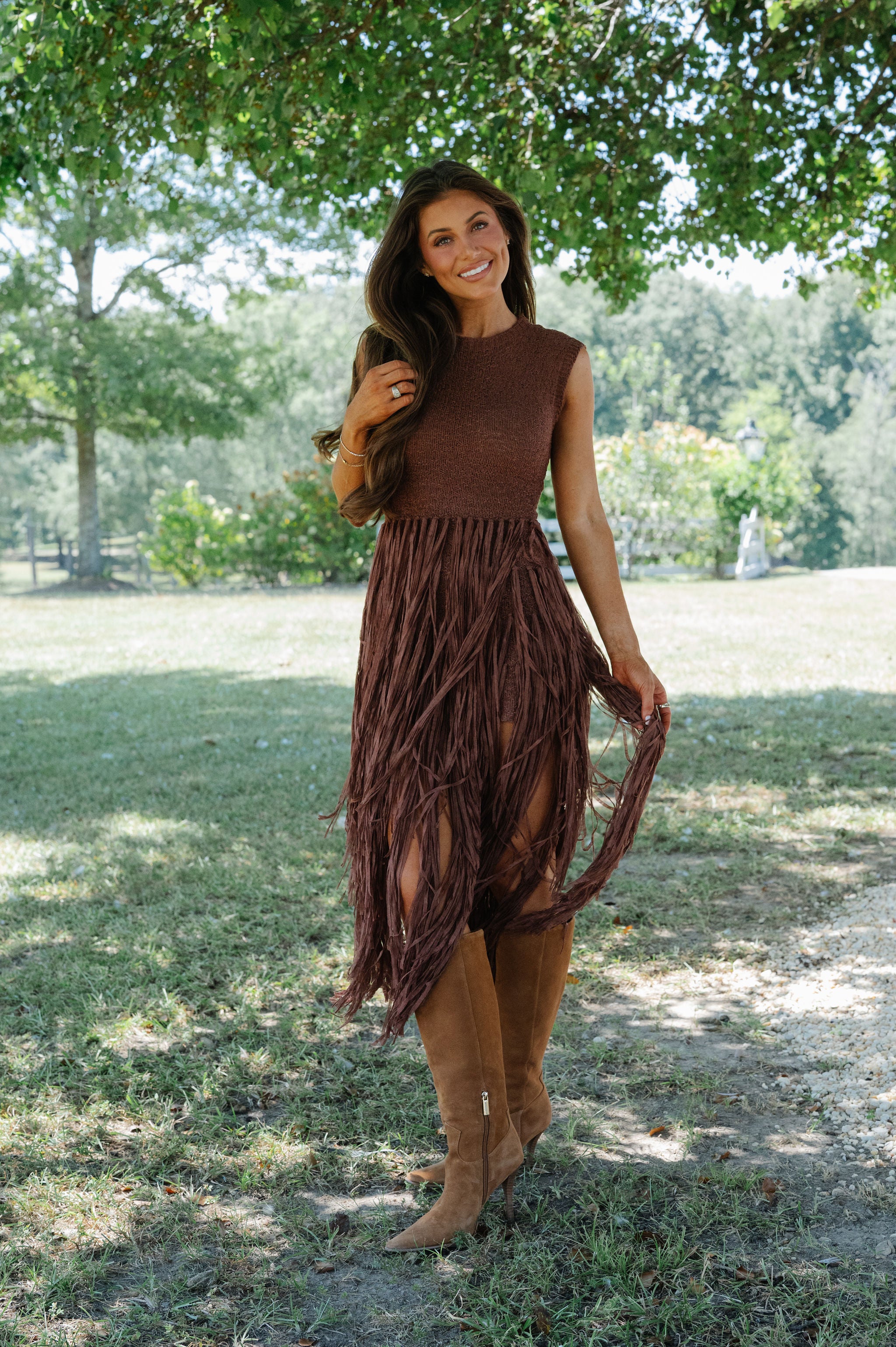 Romy Fringe Knit Dress-Cafe