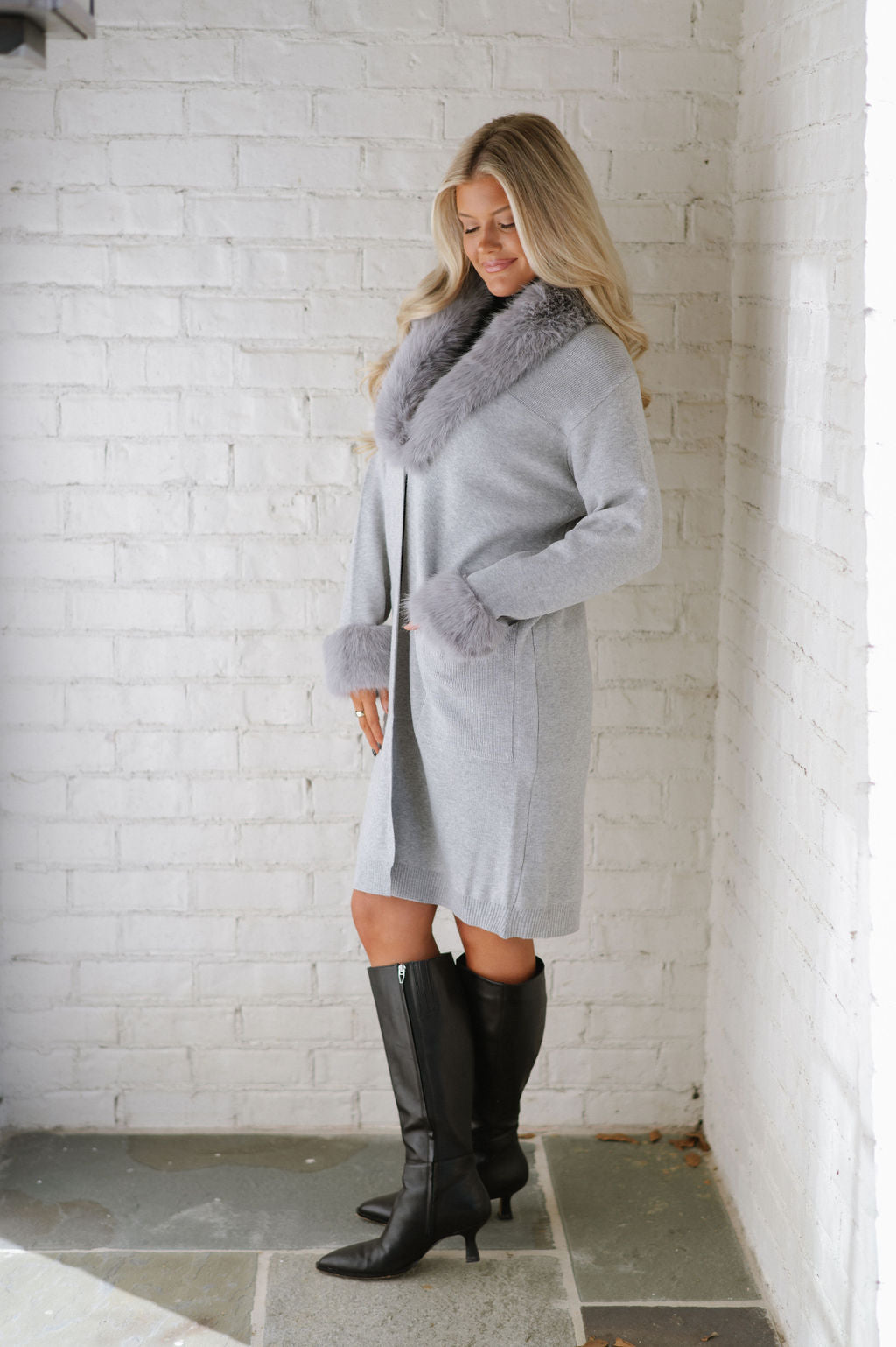 Madeline Faux Fur Trim Cardigan-Silver Grey