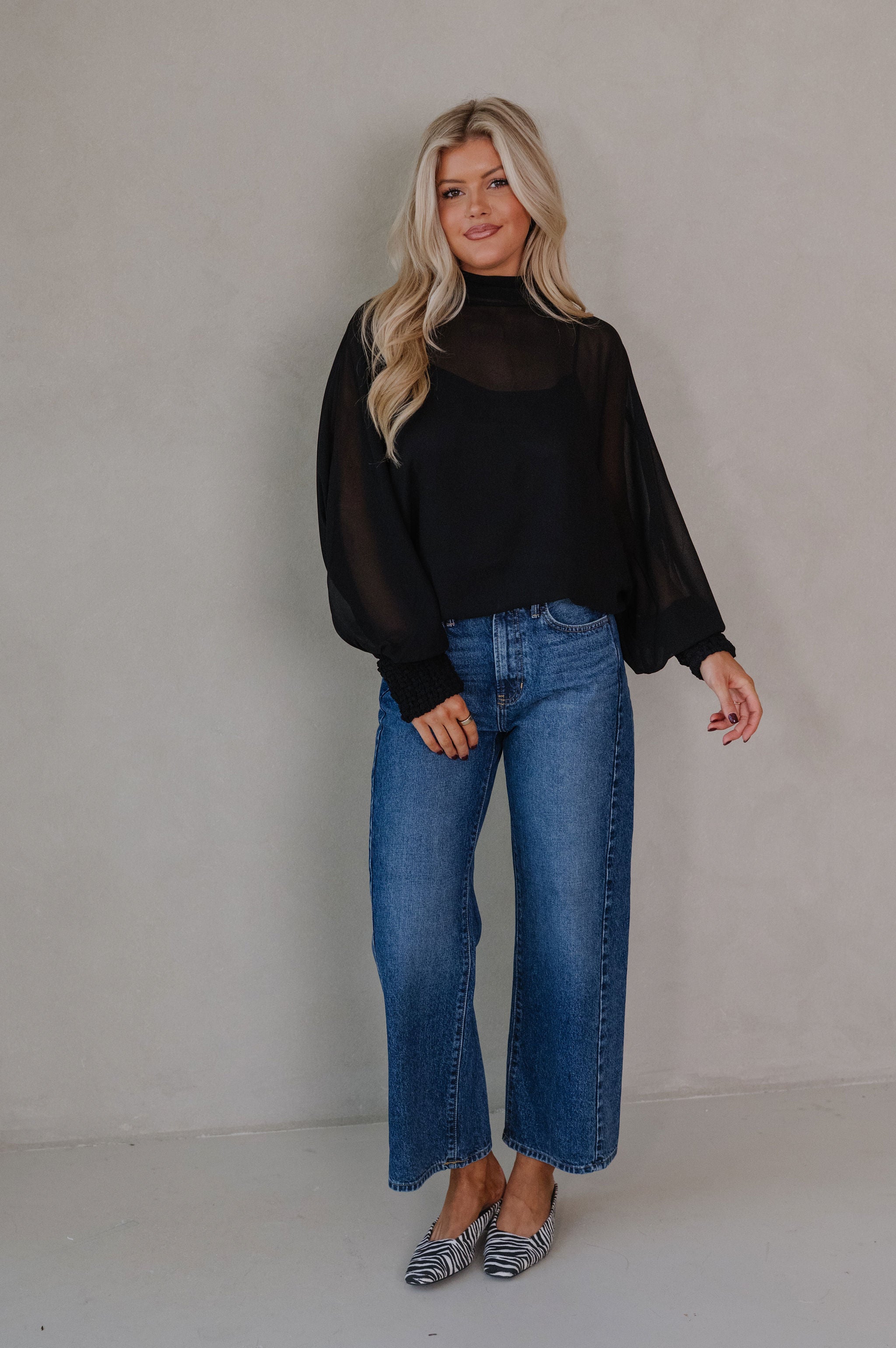 Mock Neck Sheer Top-Black