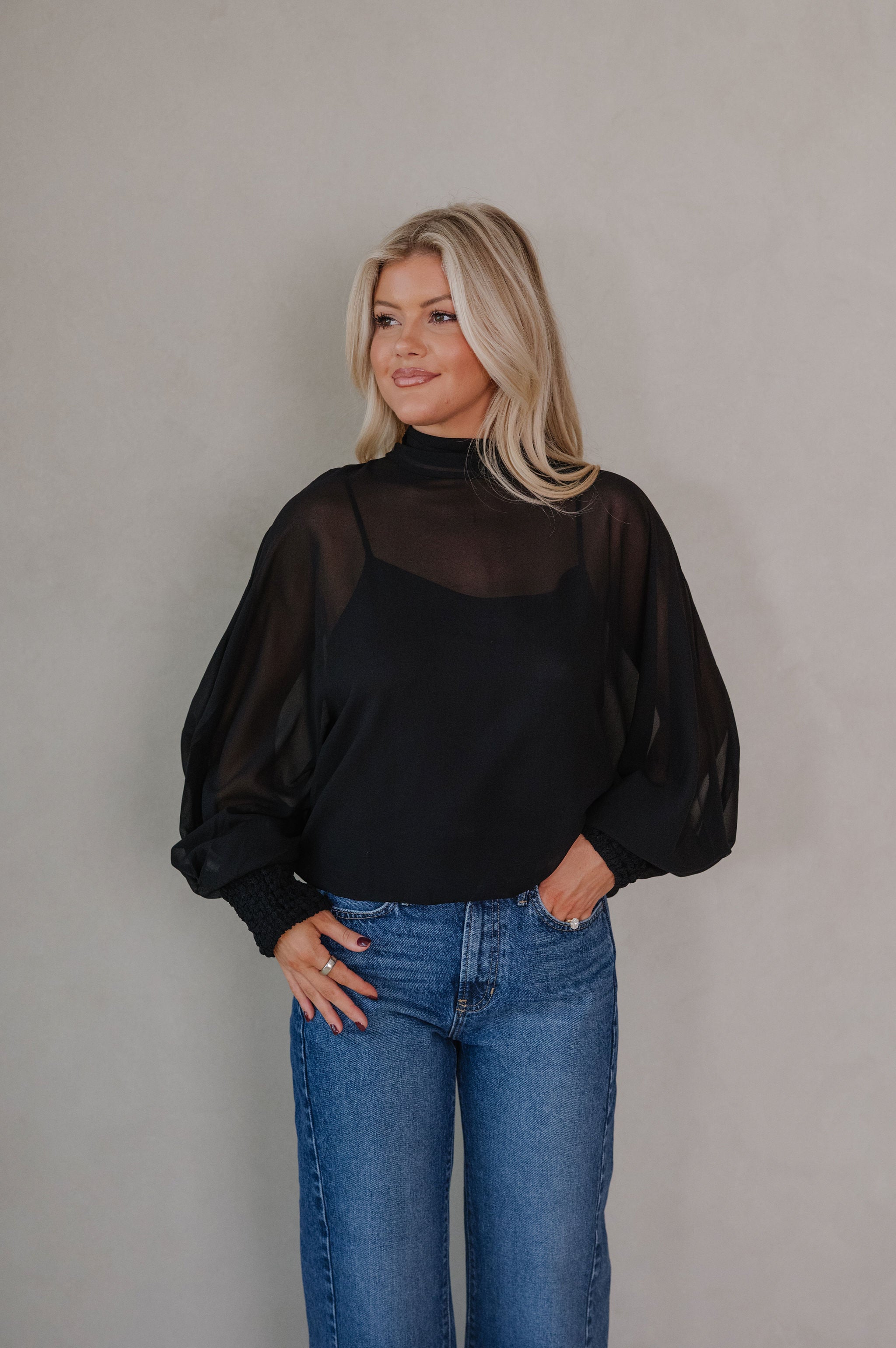 Mock Neck Sheer Top-Black