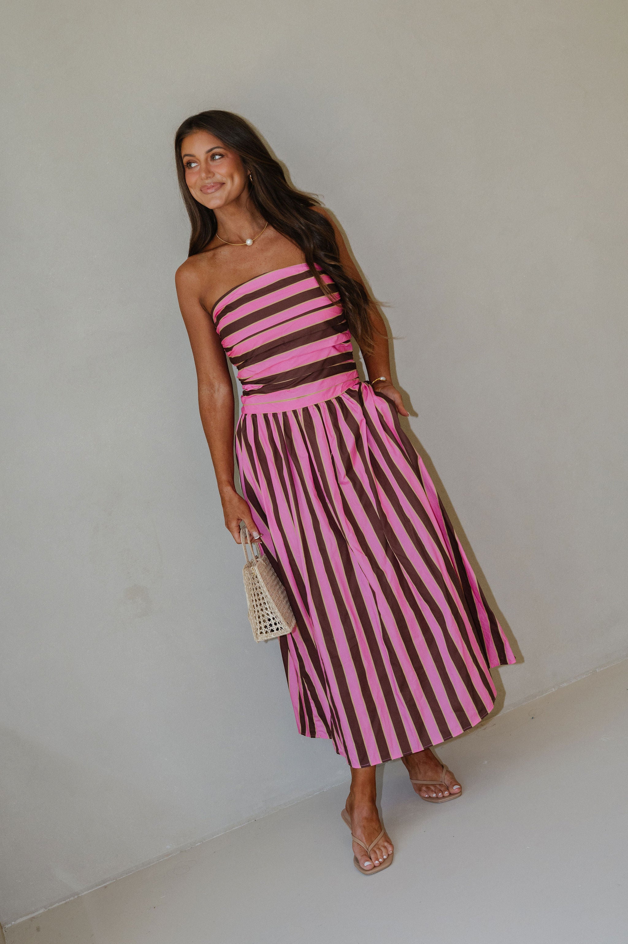 Claire Striped Midi Dress-Fuchsia Multi