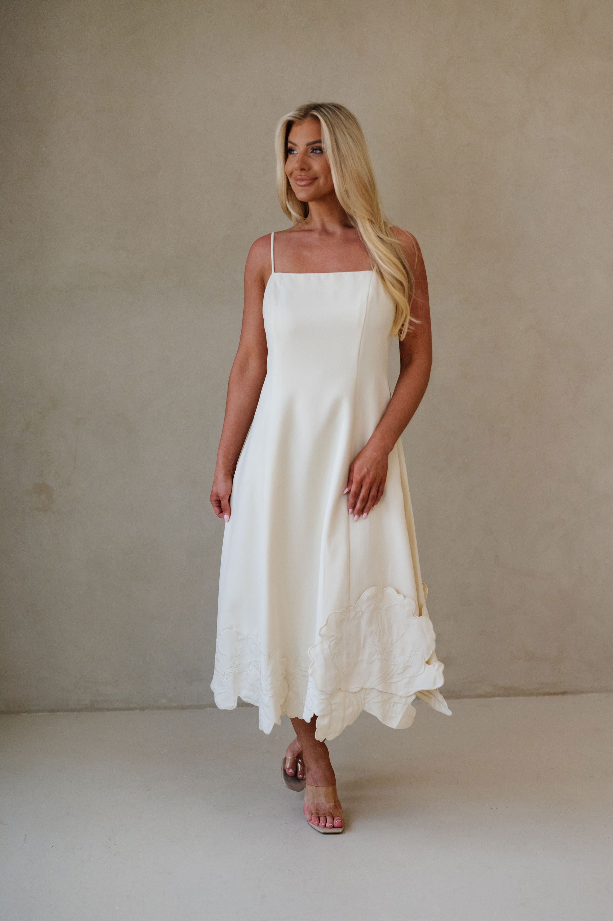 Summer Embroidered Midi Dress-Cream