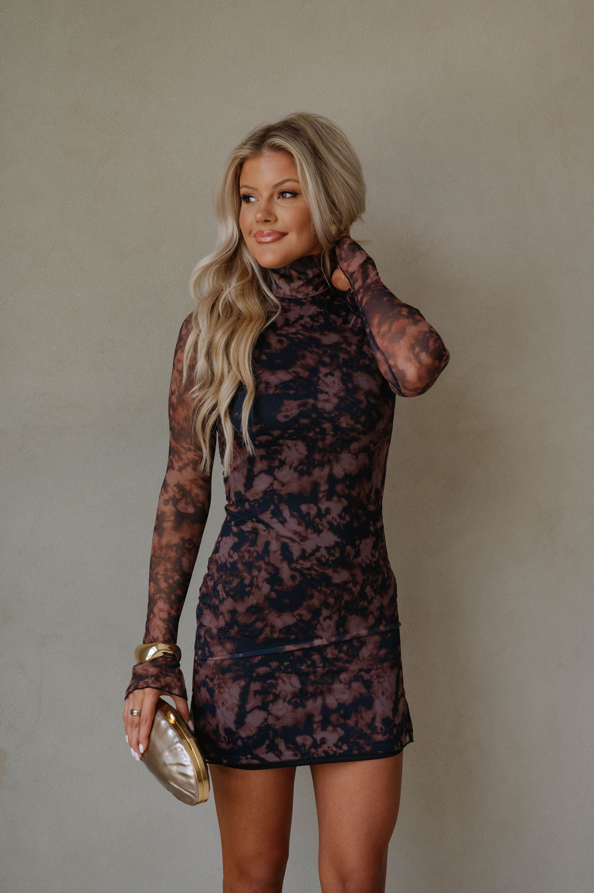 Corina Mesh Mini Dress-Brown
