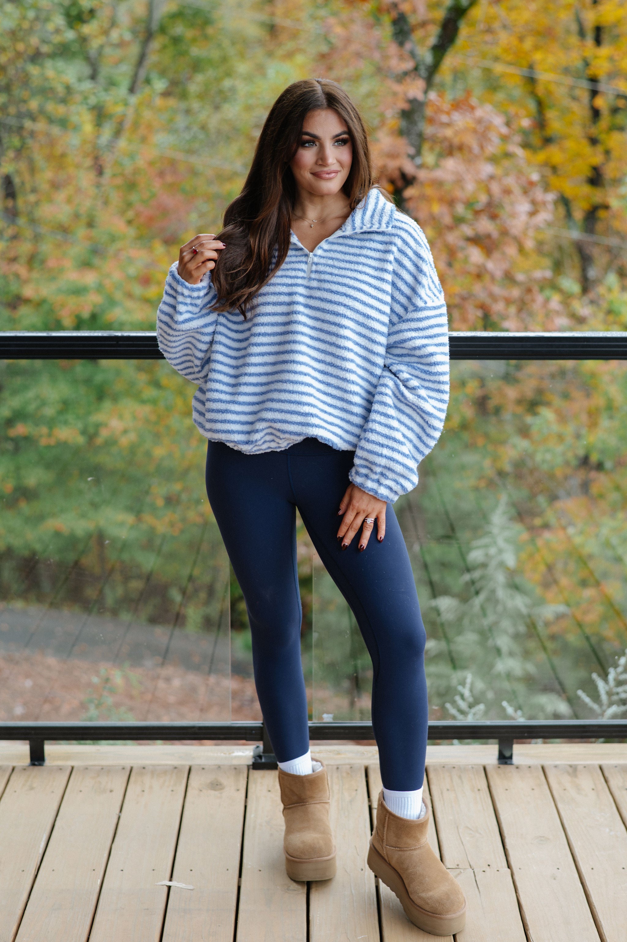 Wren Striped Quarter Zip Pullover-White/Light Blue