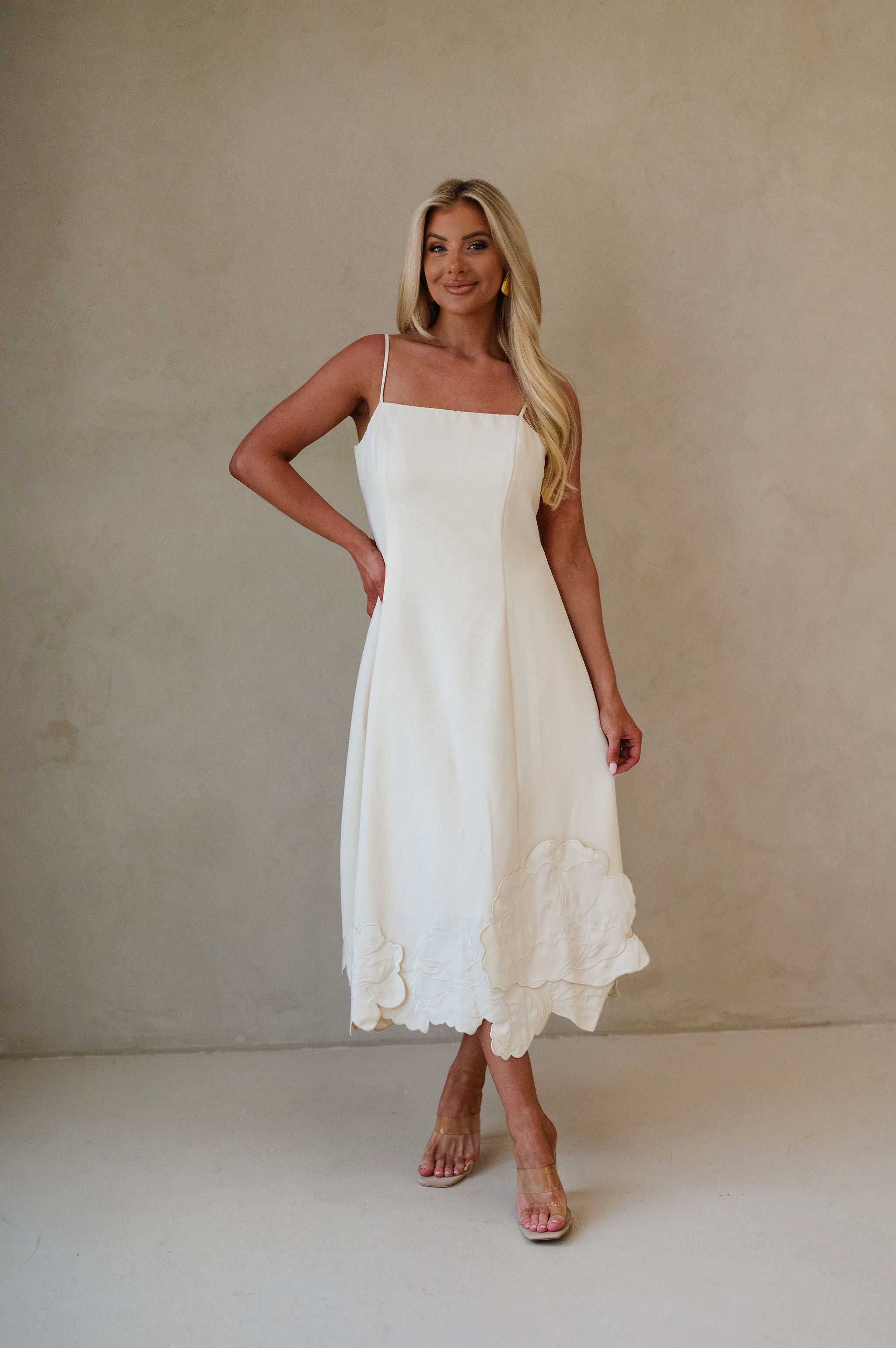 Summer Embroidered Midi Dress-Cream