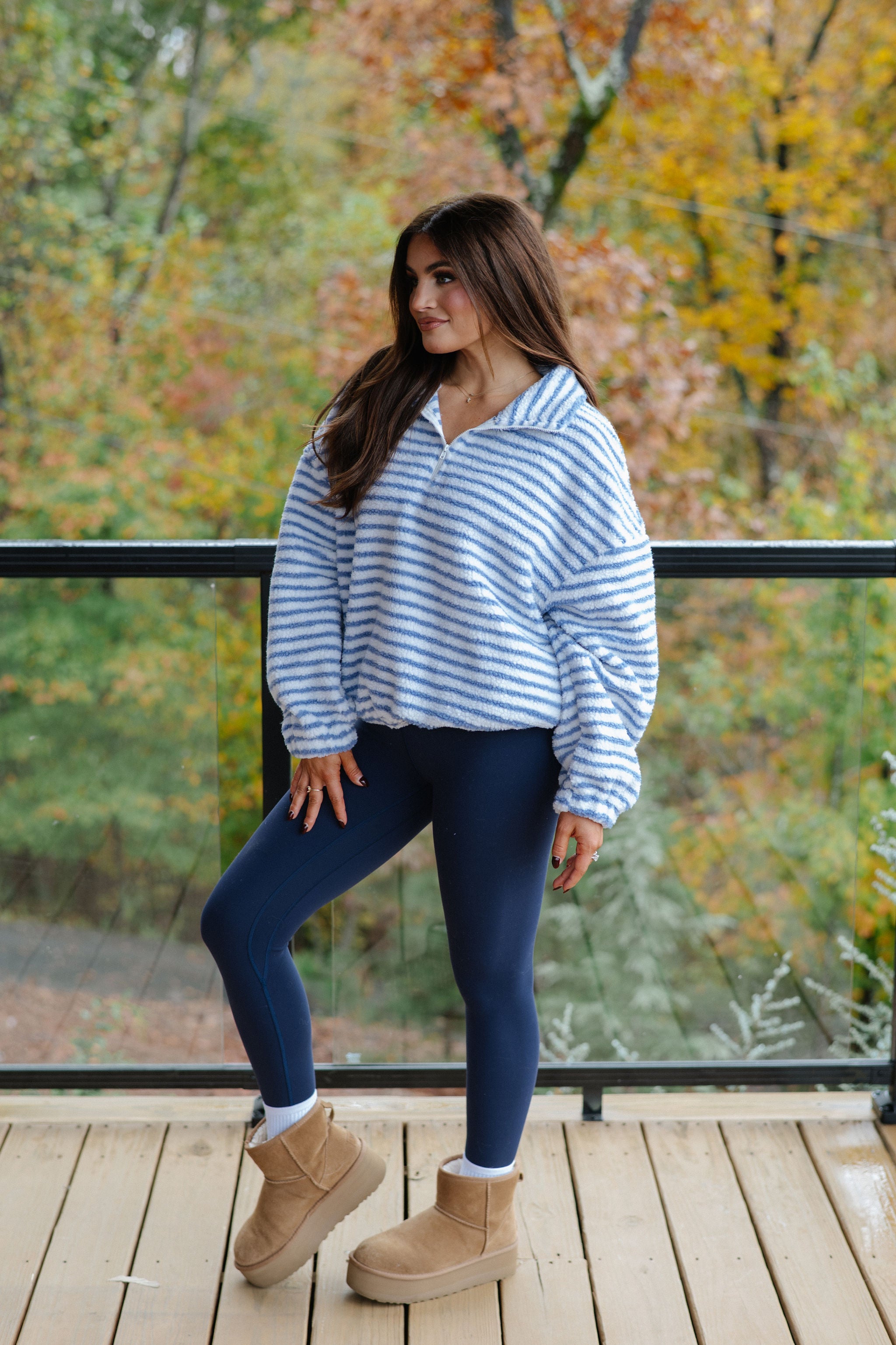 Wren Striped Quarter Zip Pullover-White/Light Blue