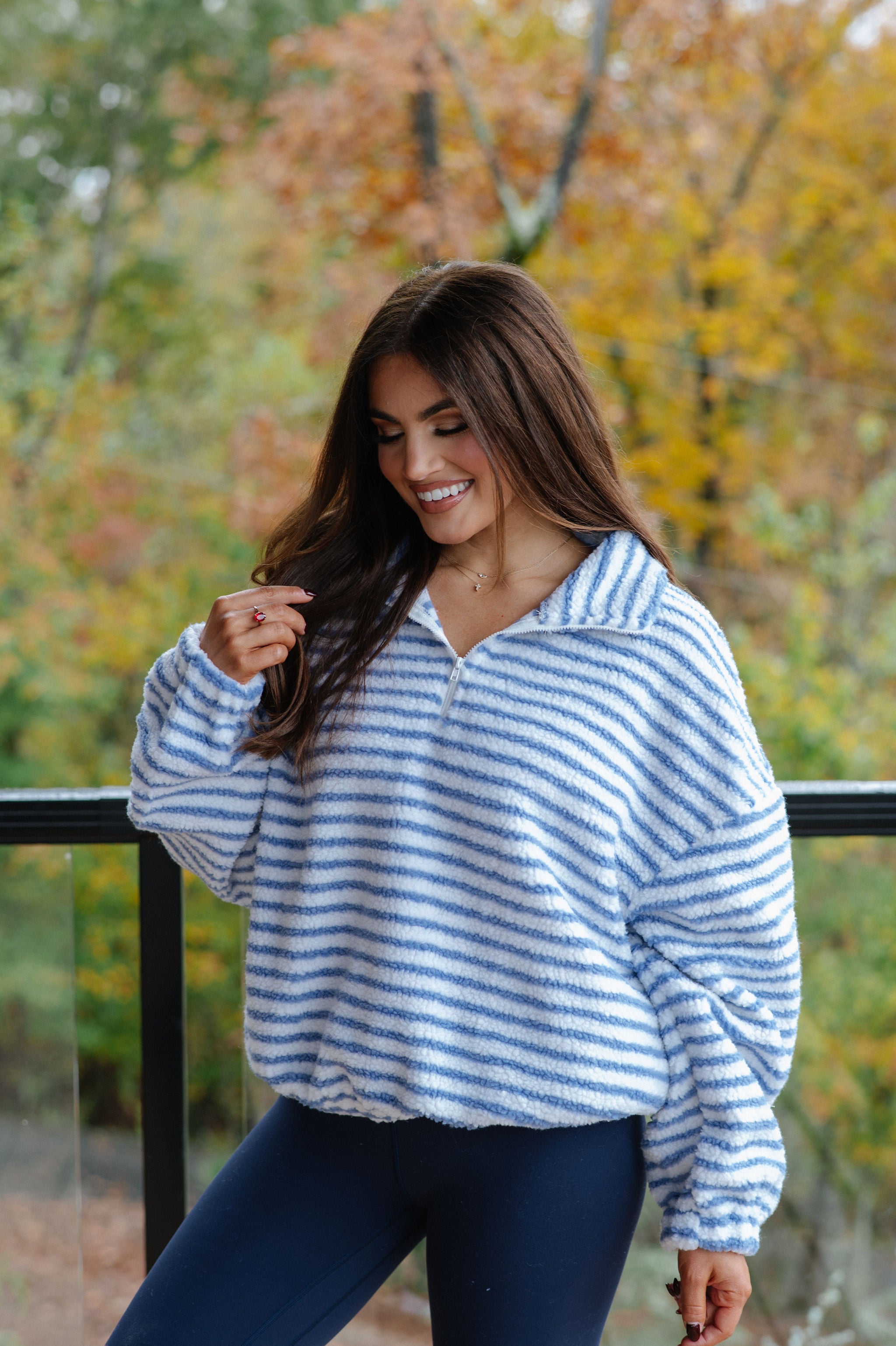 Wren Striped Quarter Zip Pullover-White/Light Blue