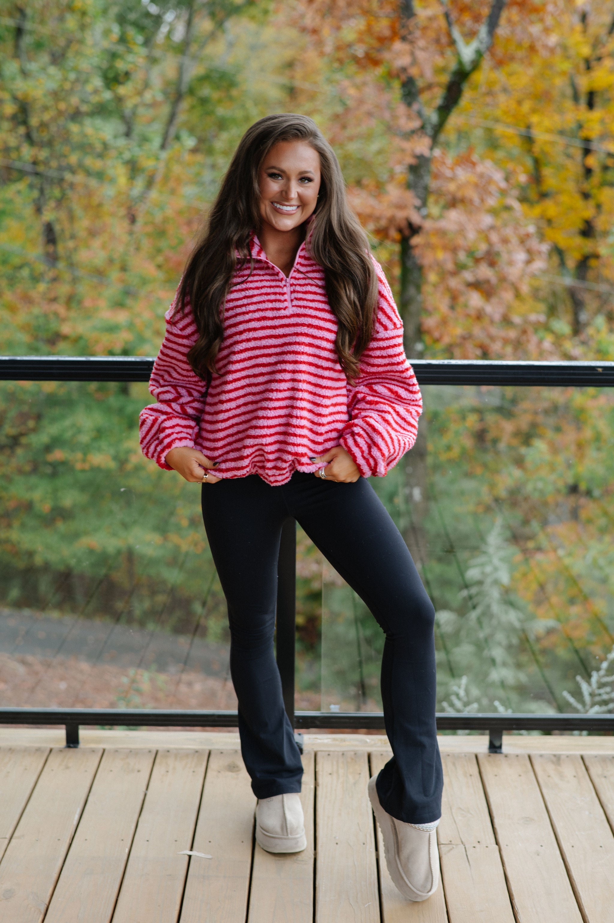 Wren Striped Quarter Zip Pullover-Pink/Red