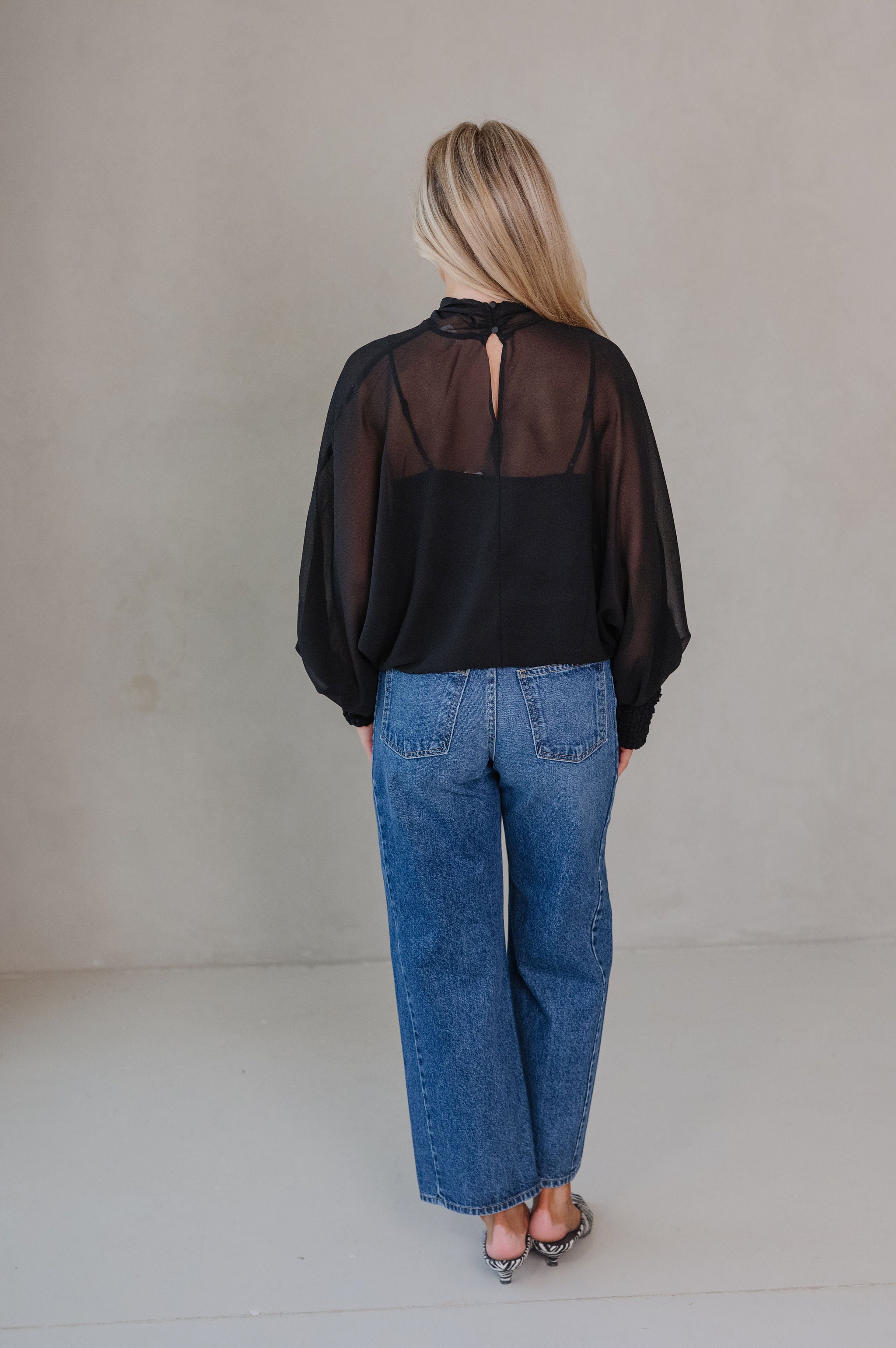 Mock Neck Sheer Top-Black