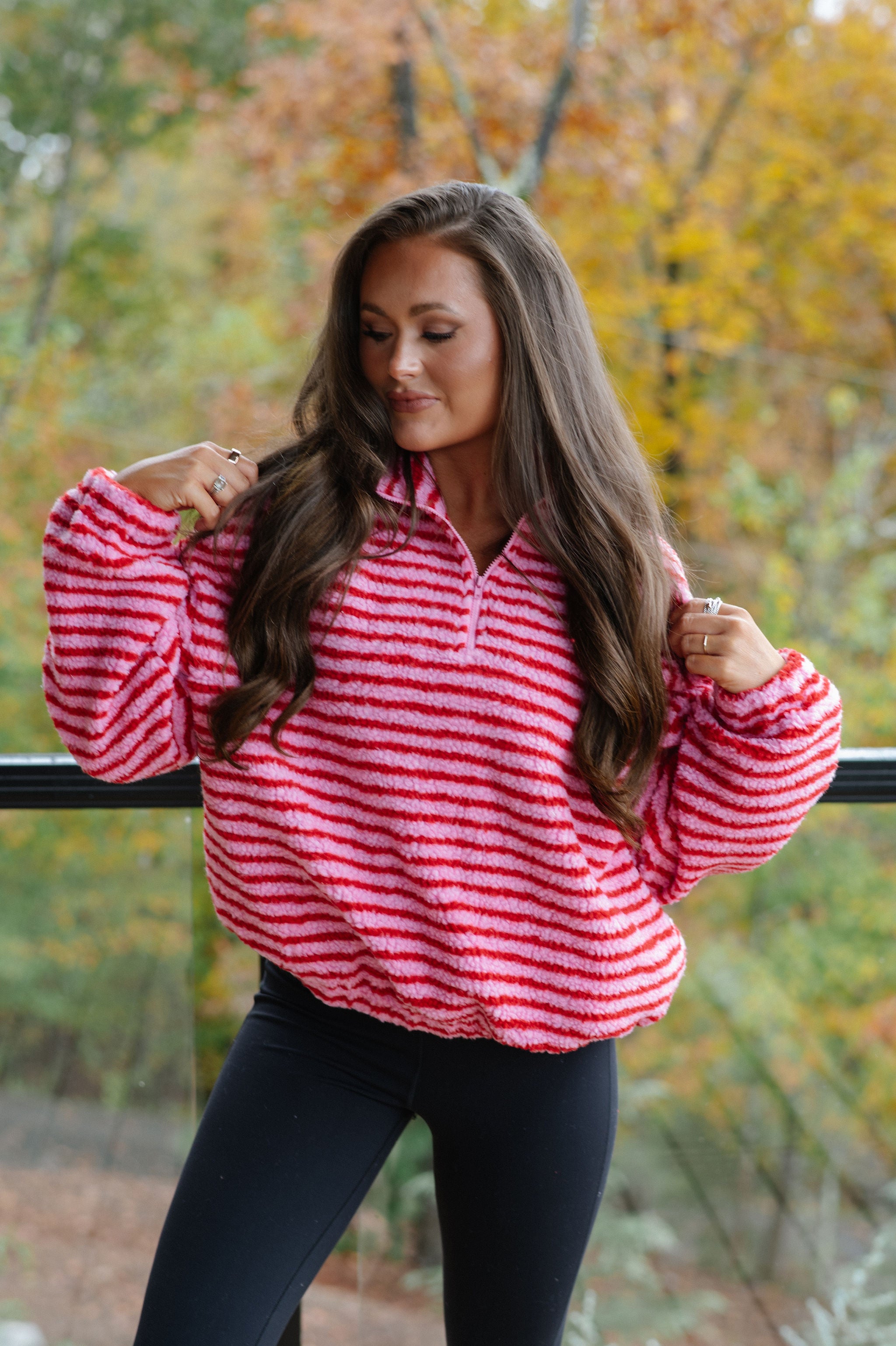 Wren Striped Quarter Zip Pullover-Pink/Red