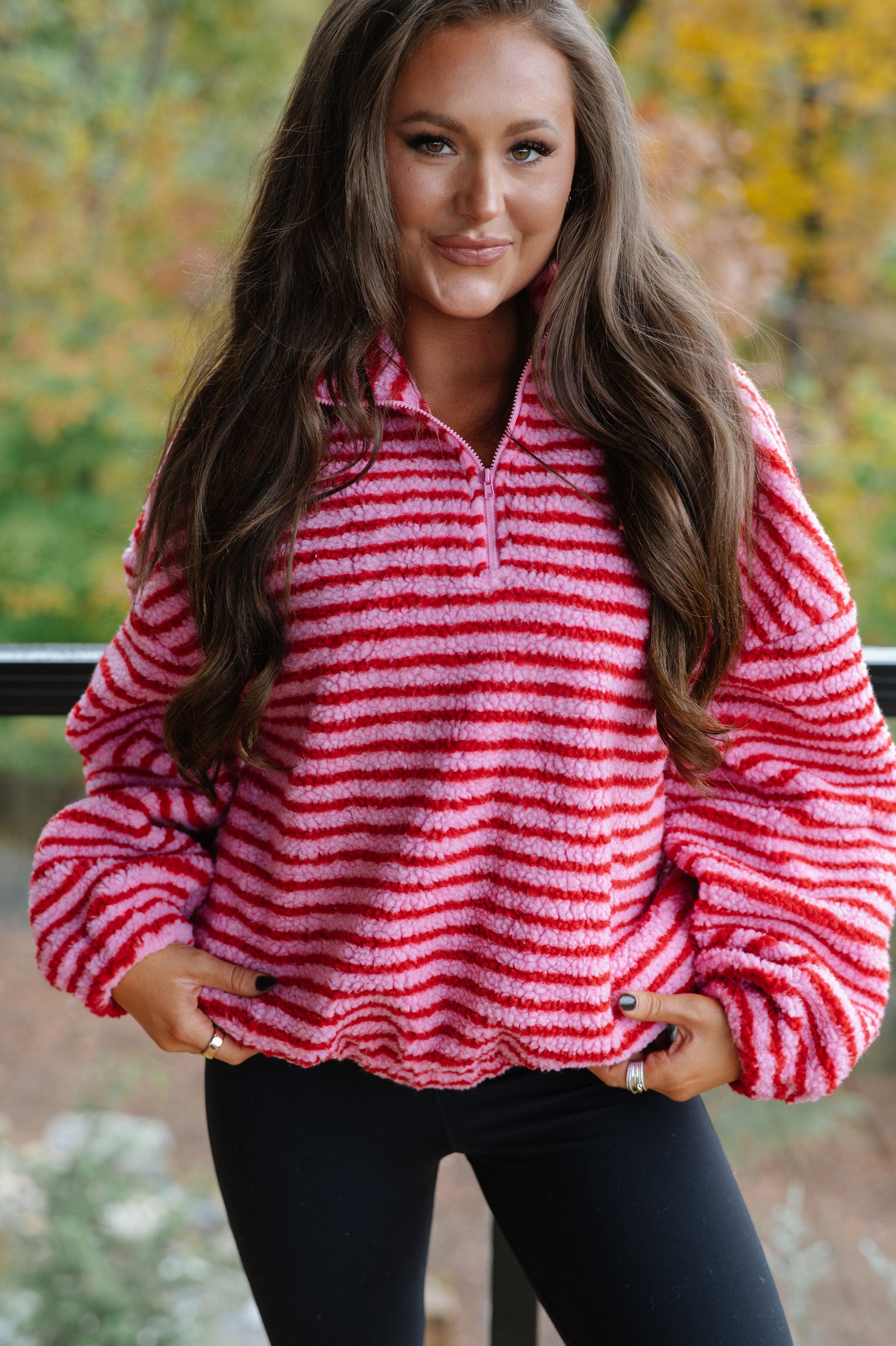 Wren Striped Quarter Zip Pullover-Pink/Red