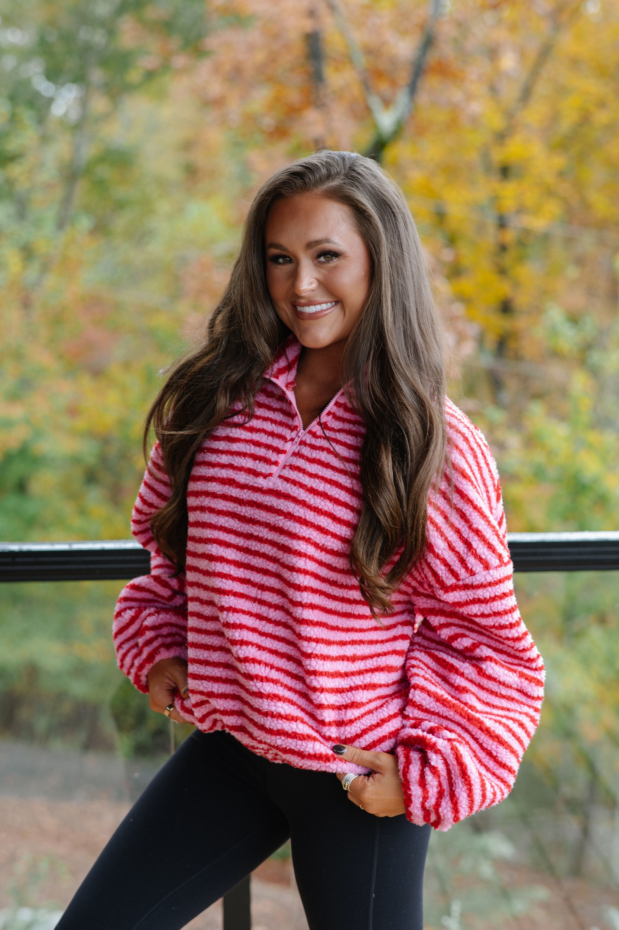 Wren Striped Quarter Zip Pullover-Pink/Red