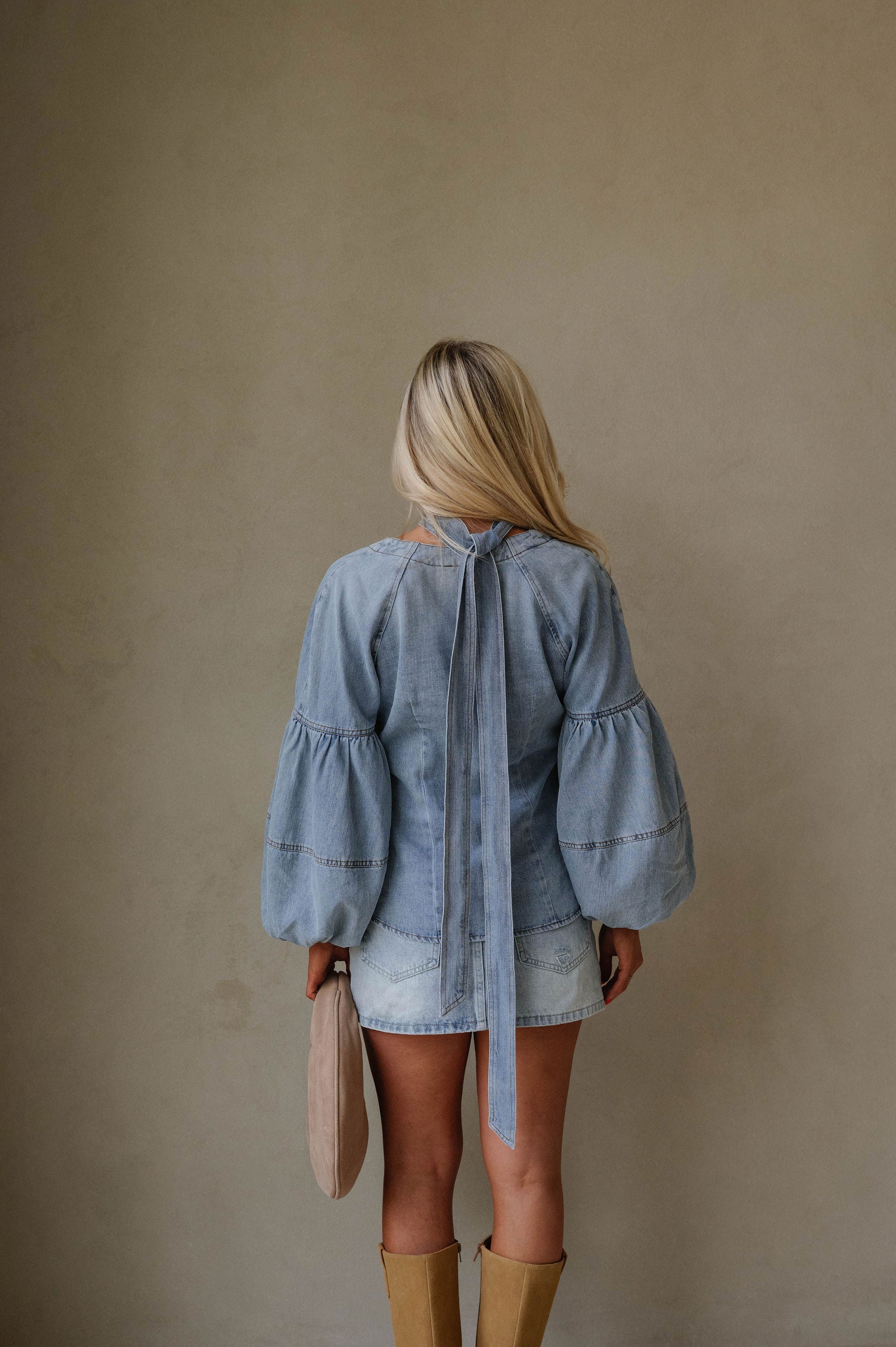 Denim Puff Sleeve Neck Tie Top