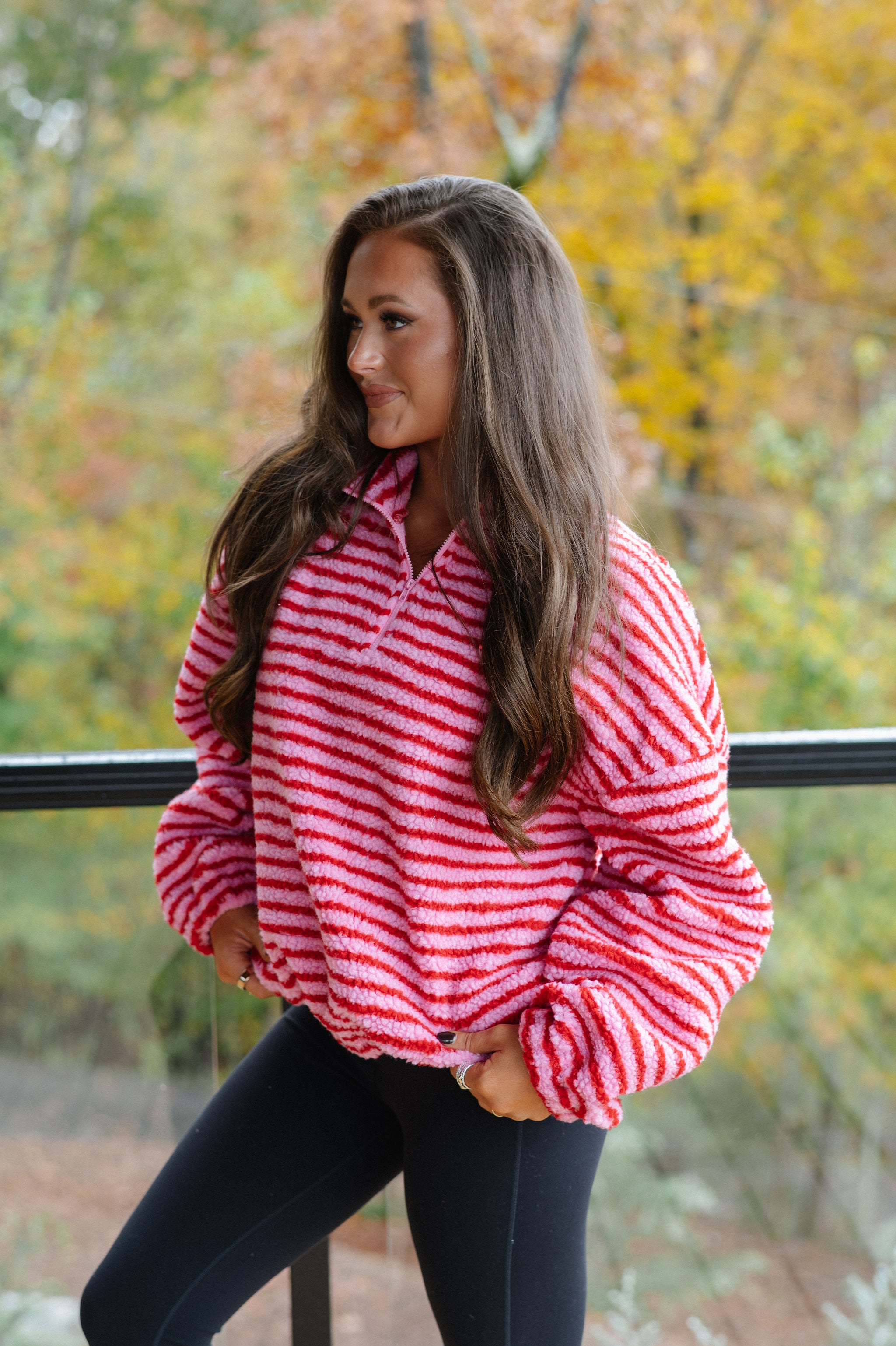 Wren Striped Quarter Zip Pullover-Pink/Red