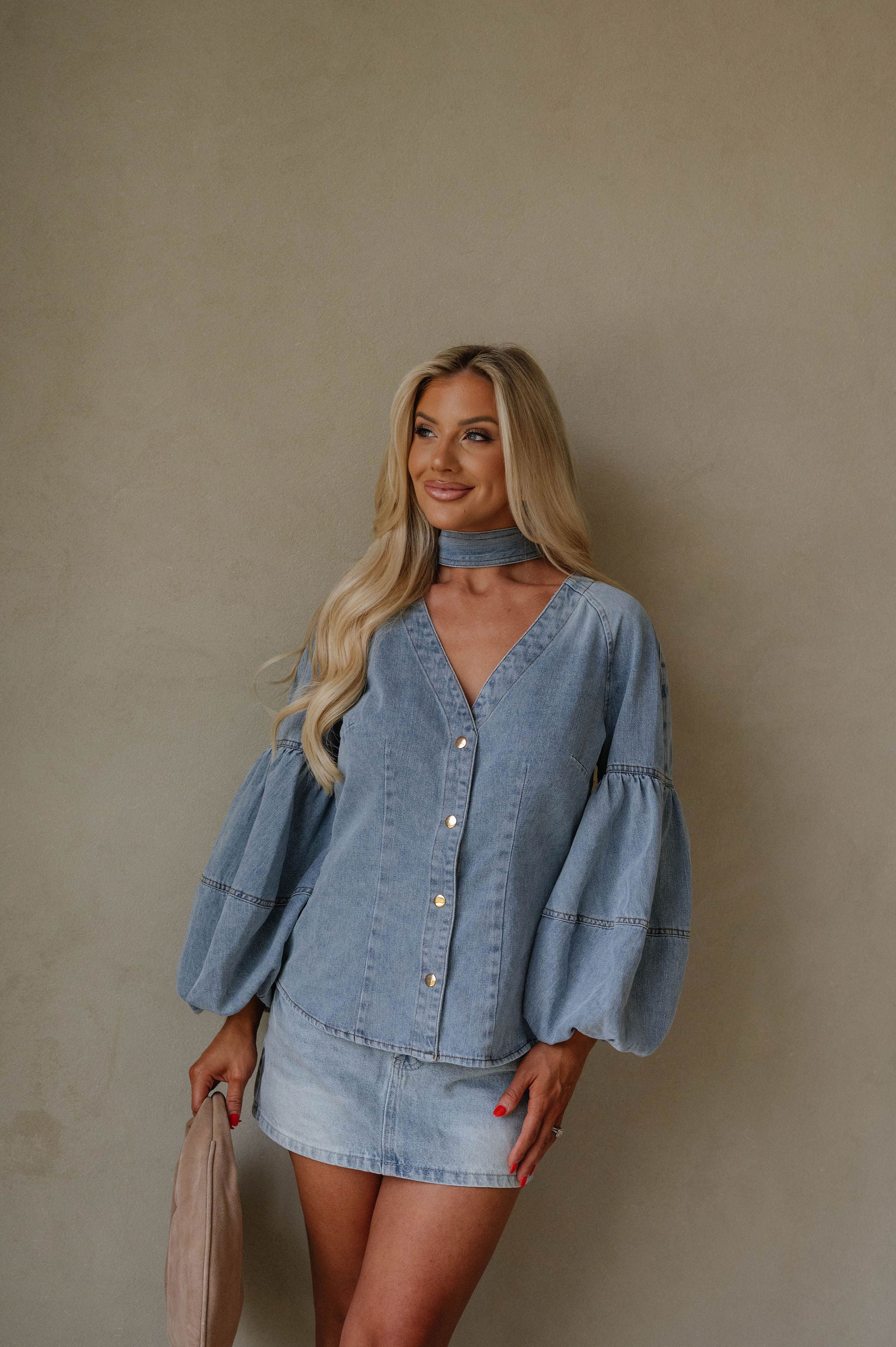 Denim Puff Sleeve Neck Tie Top