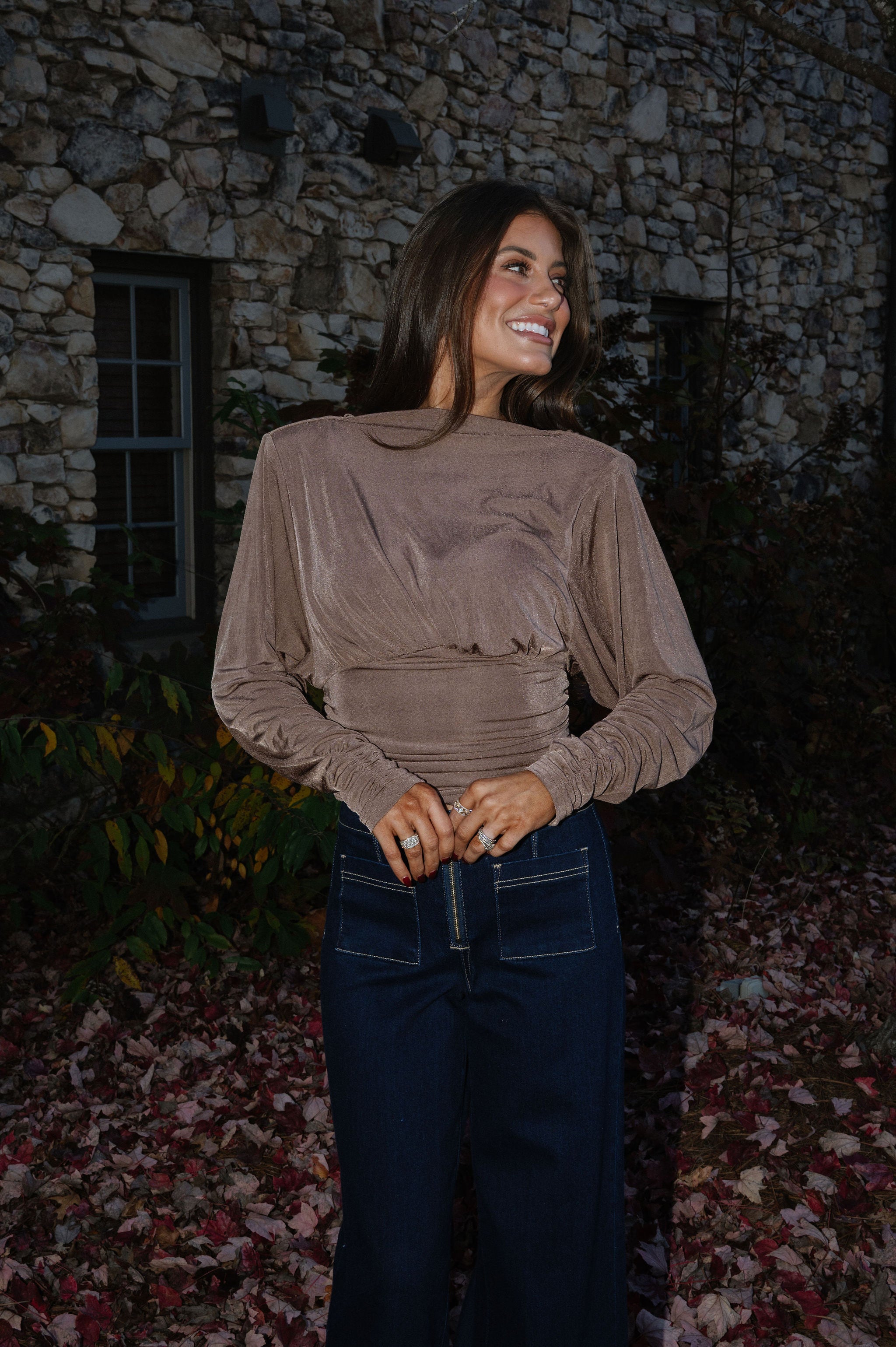 Cowl Back Ruched Top-Mocha