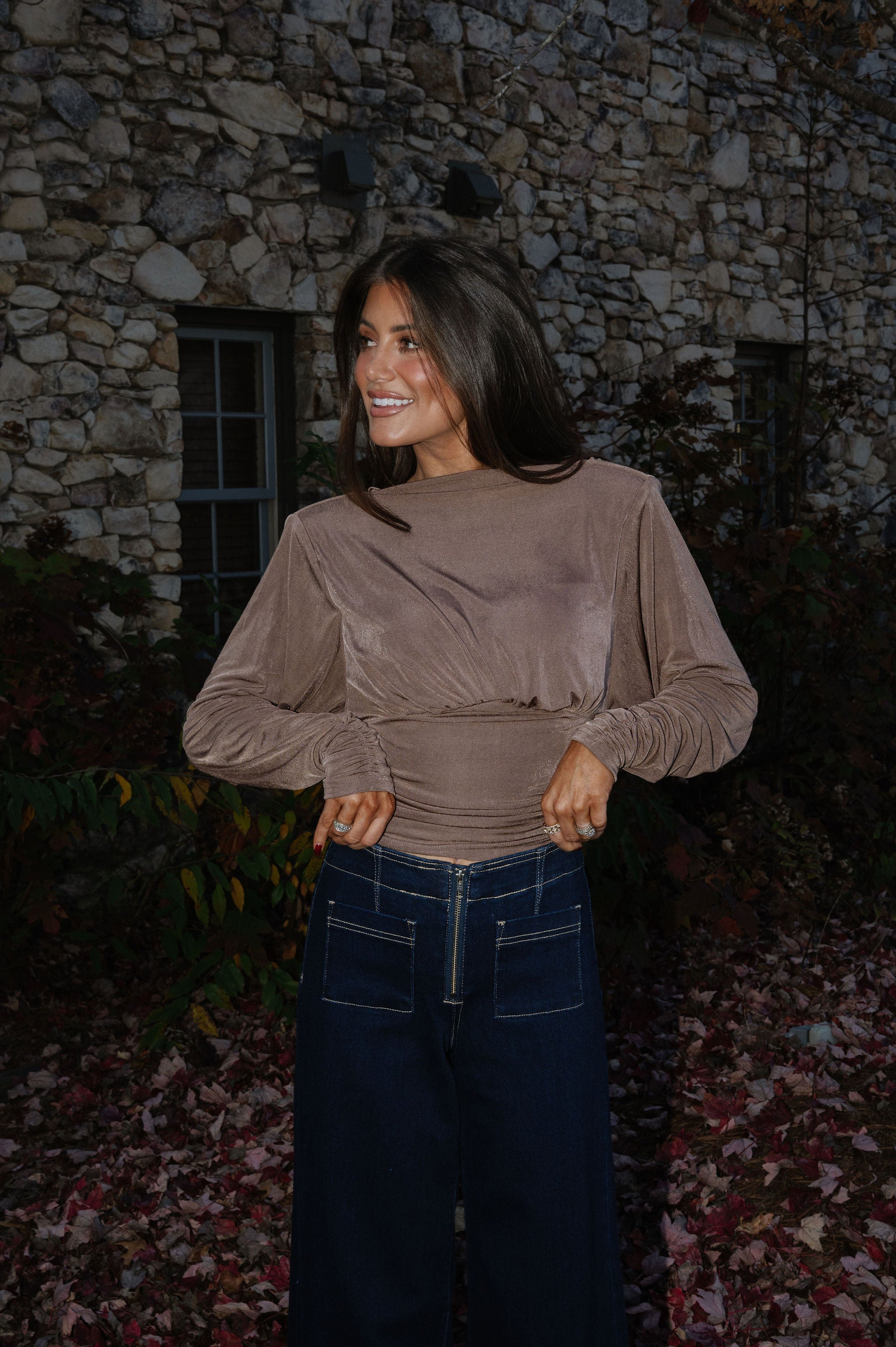 Cowl Back Ruched Top-Mocha