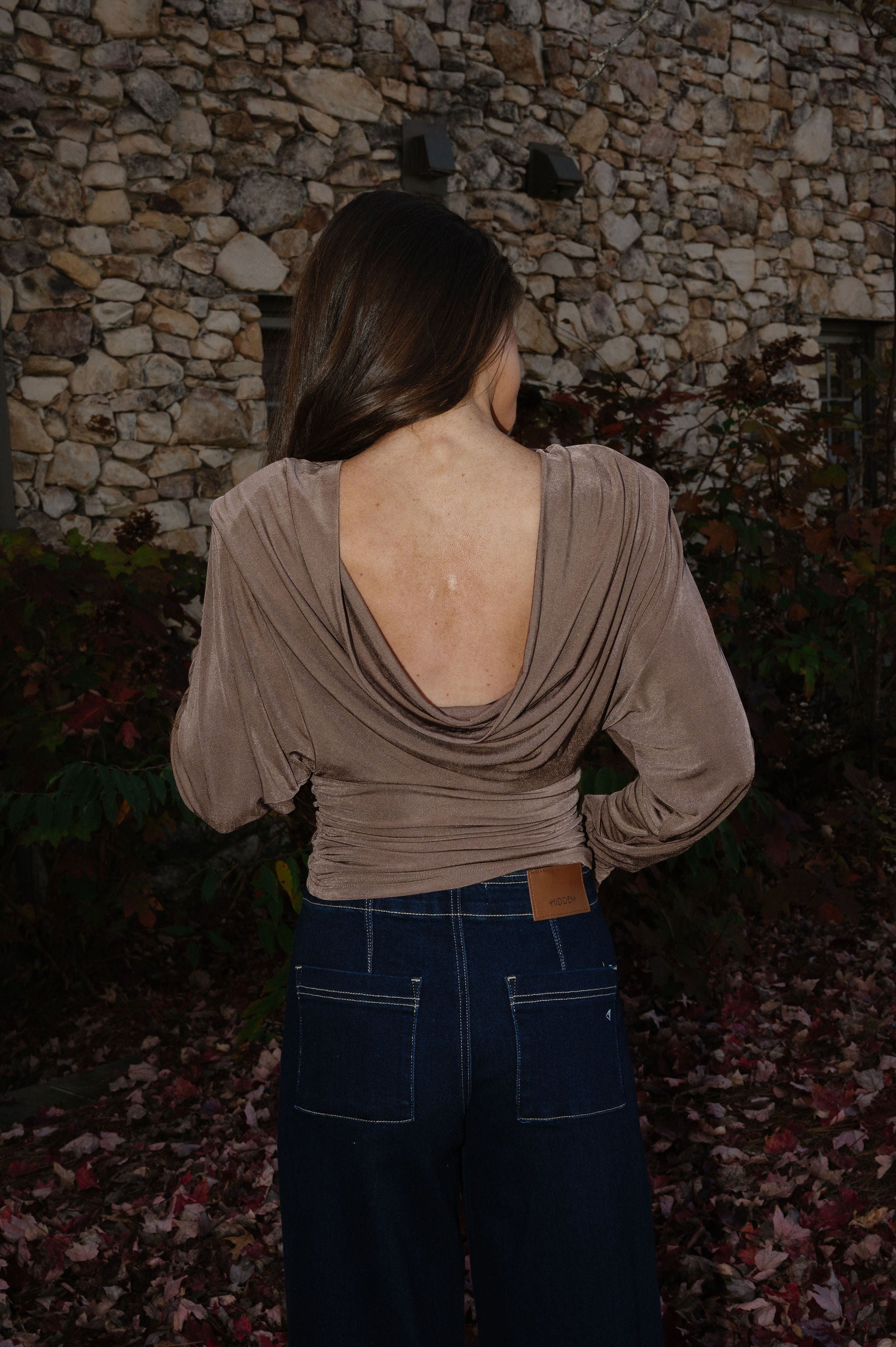 Cowl Back Ruched Top-Mocha