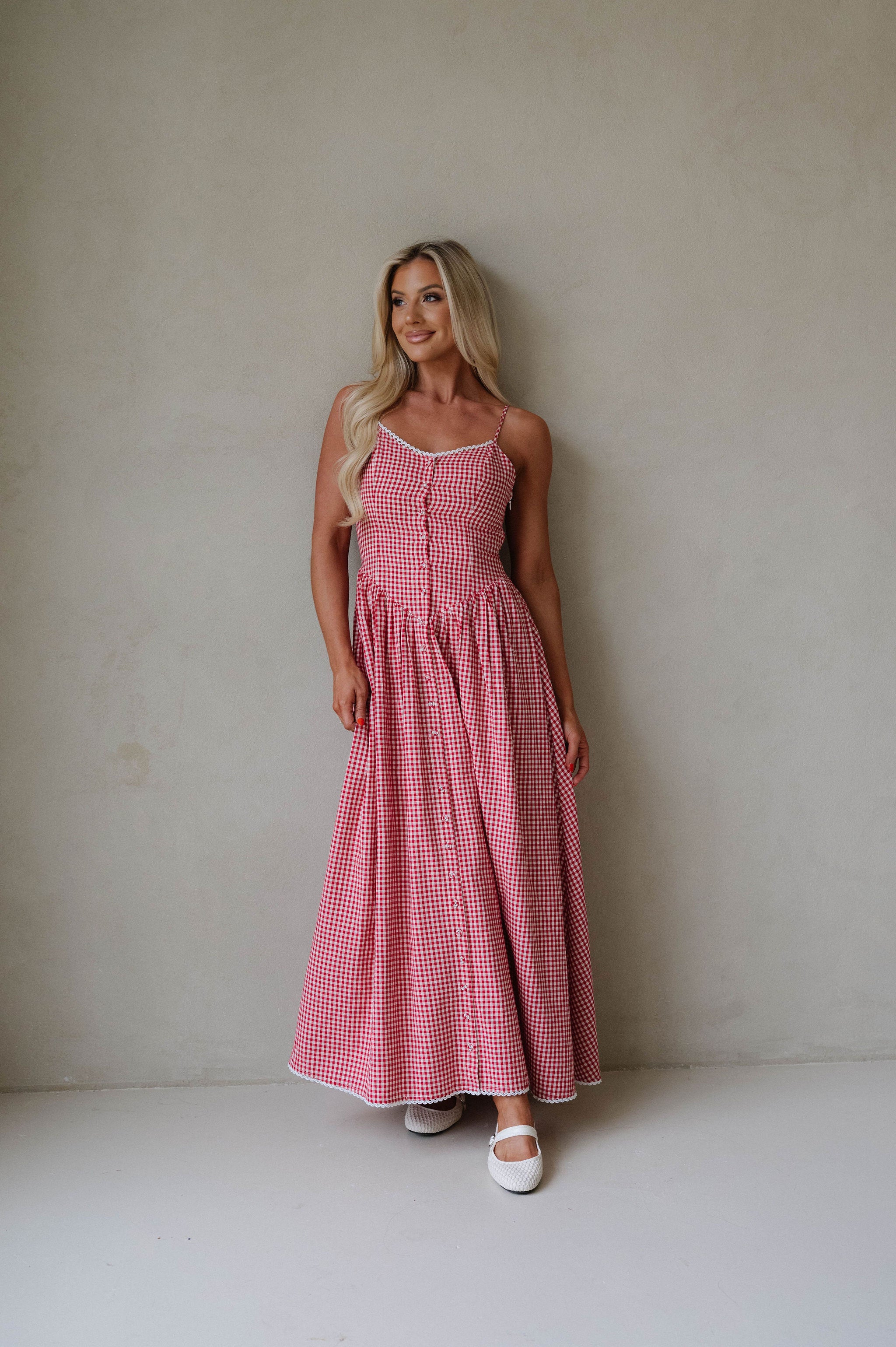 PETITE// Vintage Checkered Maxi Dress-Red