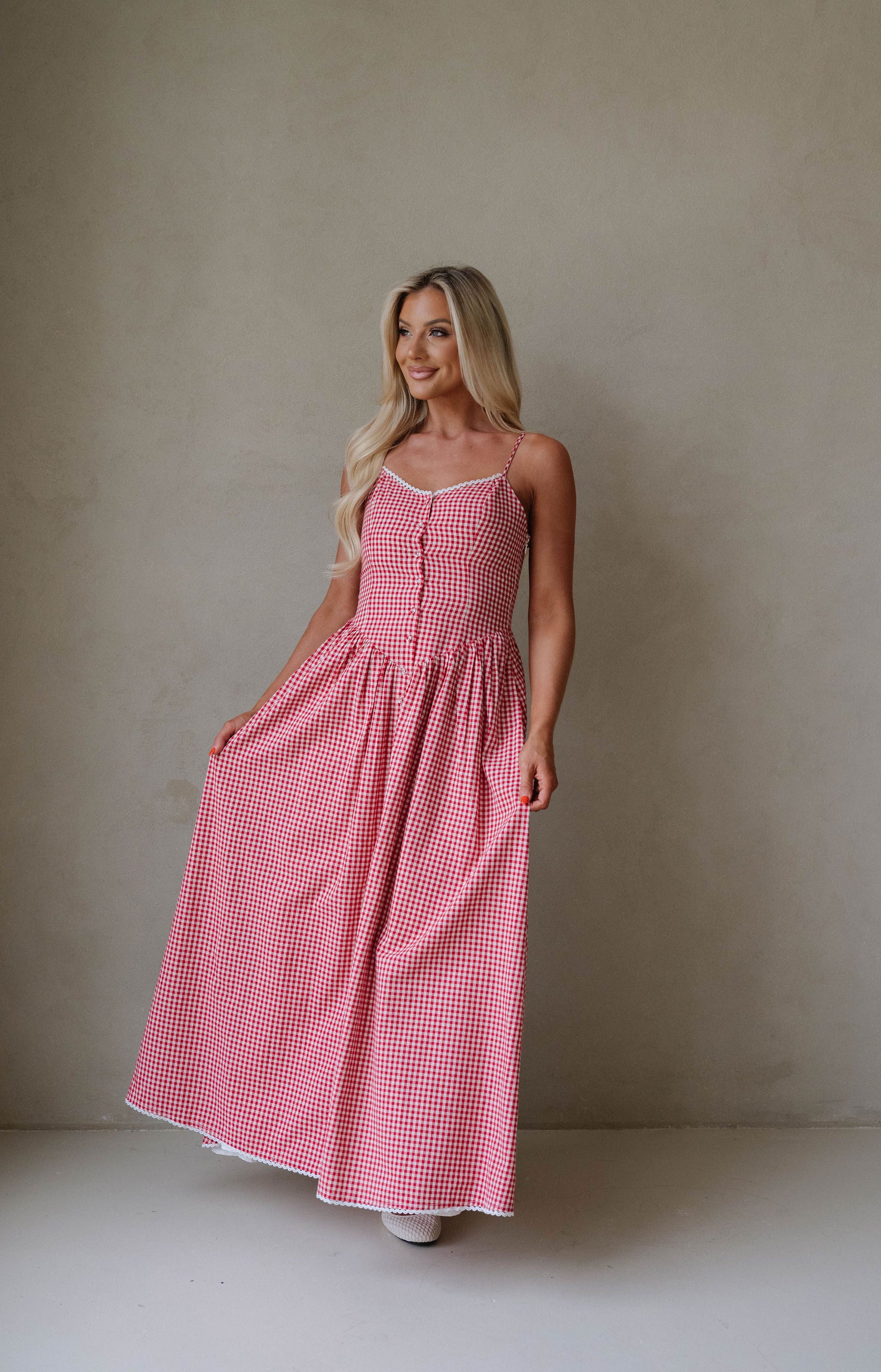 PETITE// Vintage Checkered Maxi Dress-Red