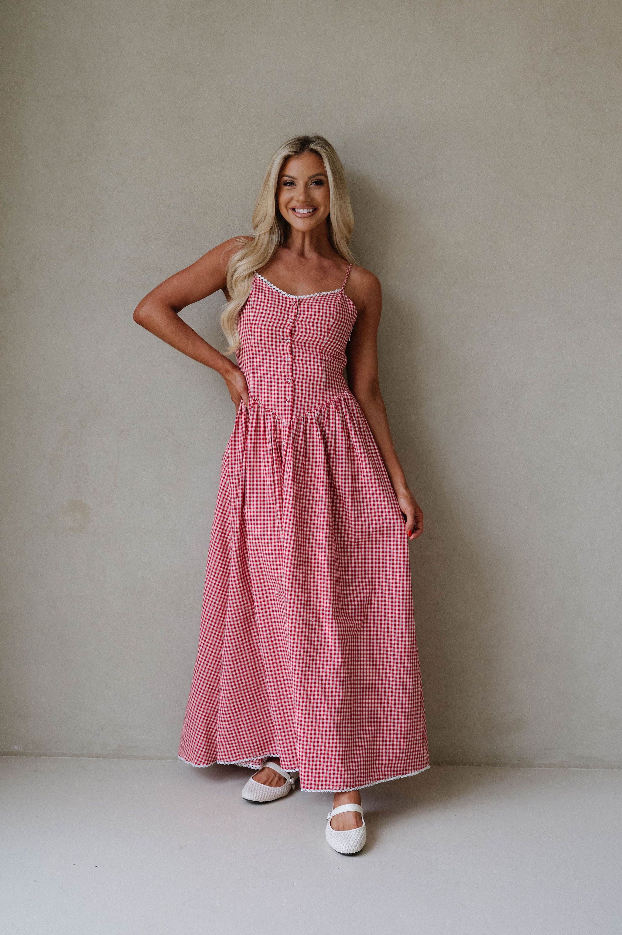 PETITE// Vintage Checkered Maxi Dress-Red