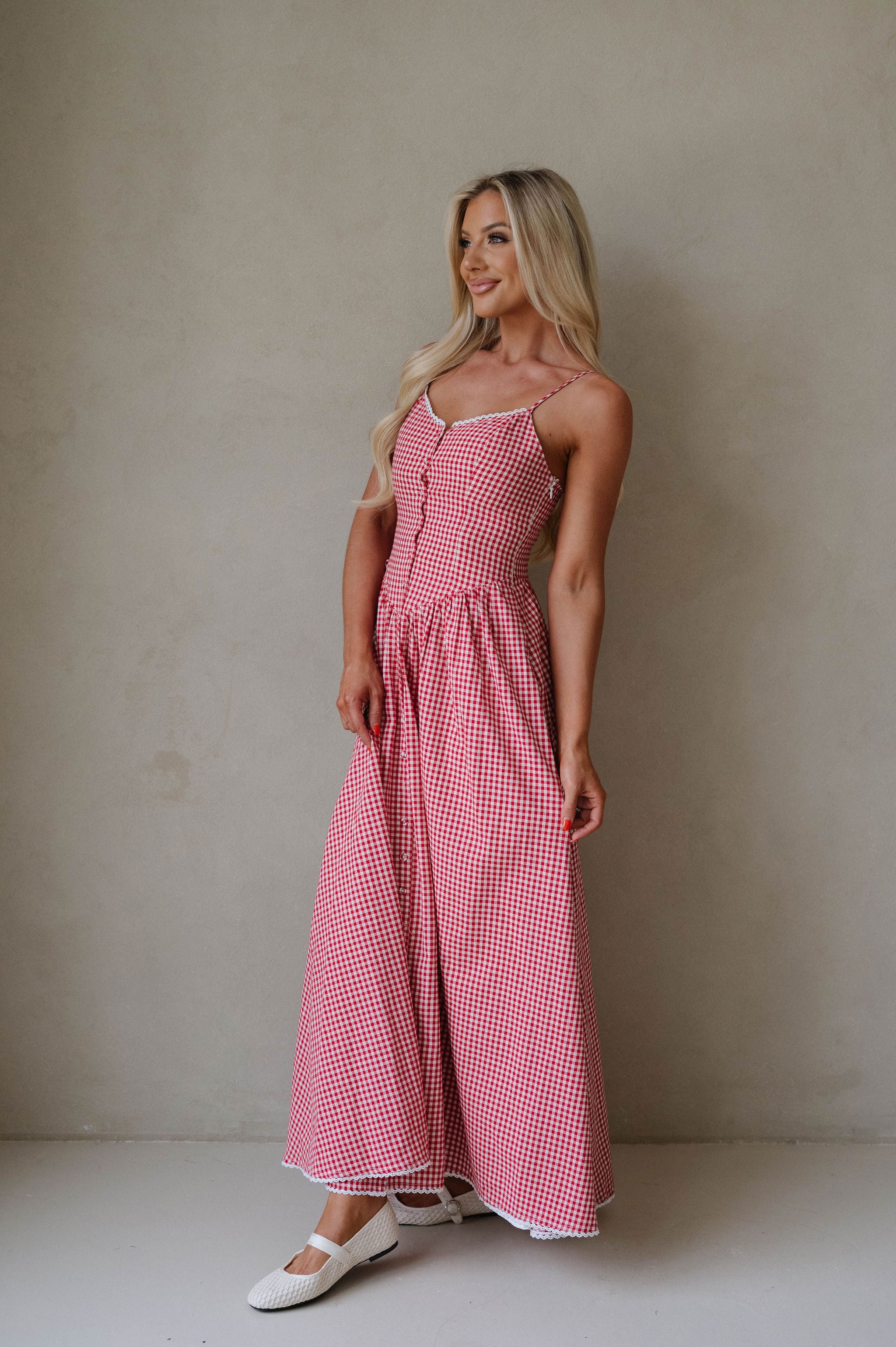 PETITE// Vintage Checkered Maxi Dress-Red