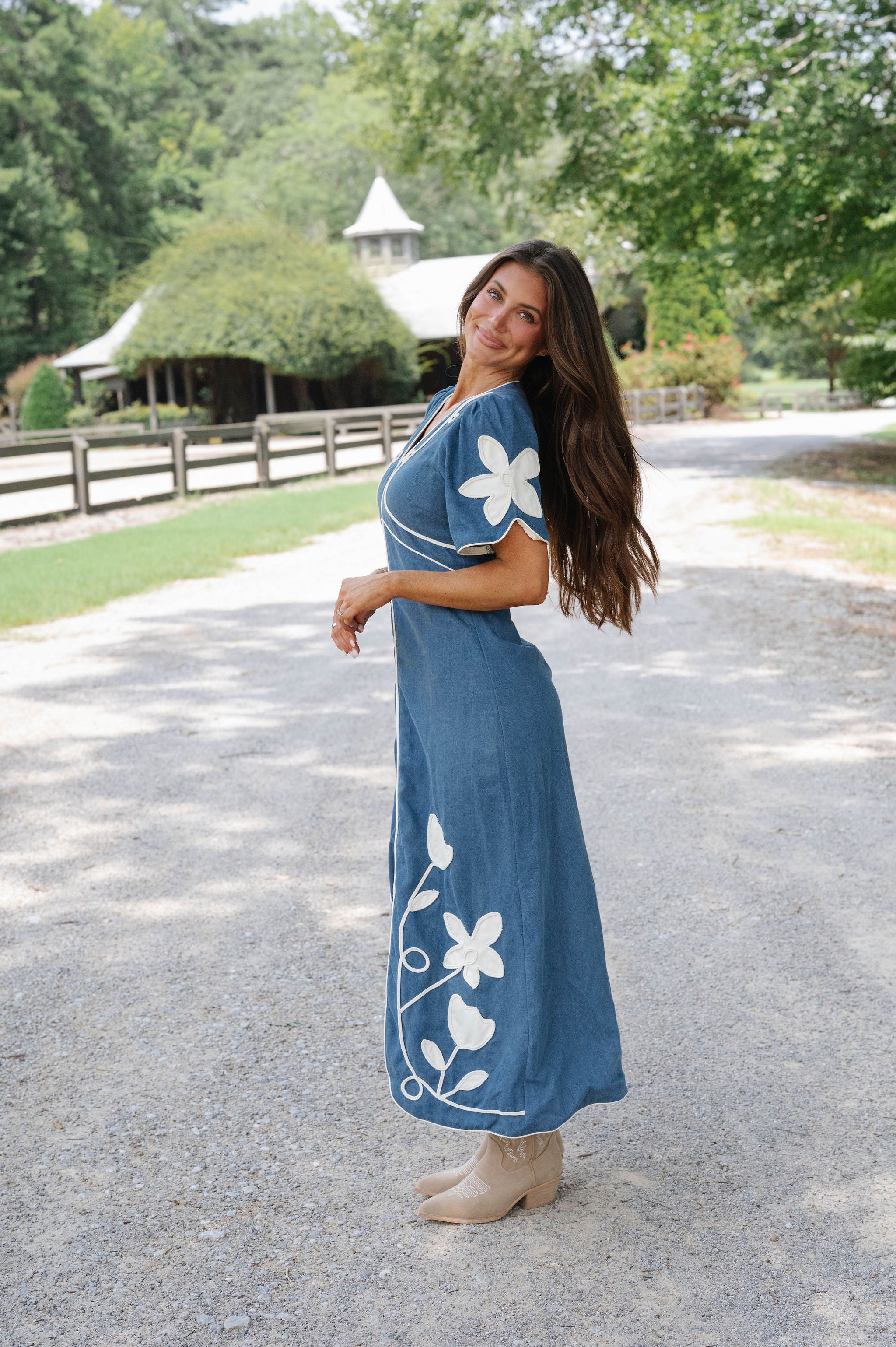 Shower Floral Applique Midi Dress-Denim
