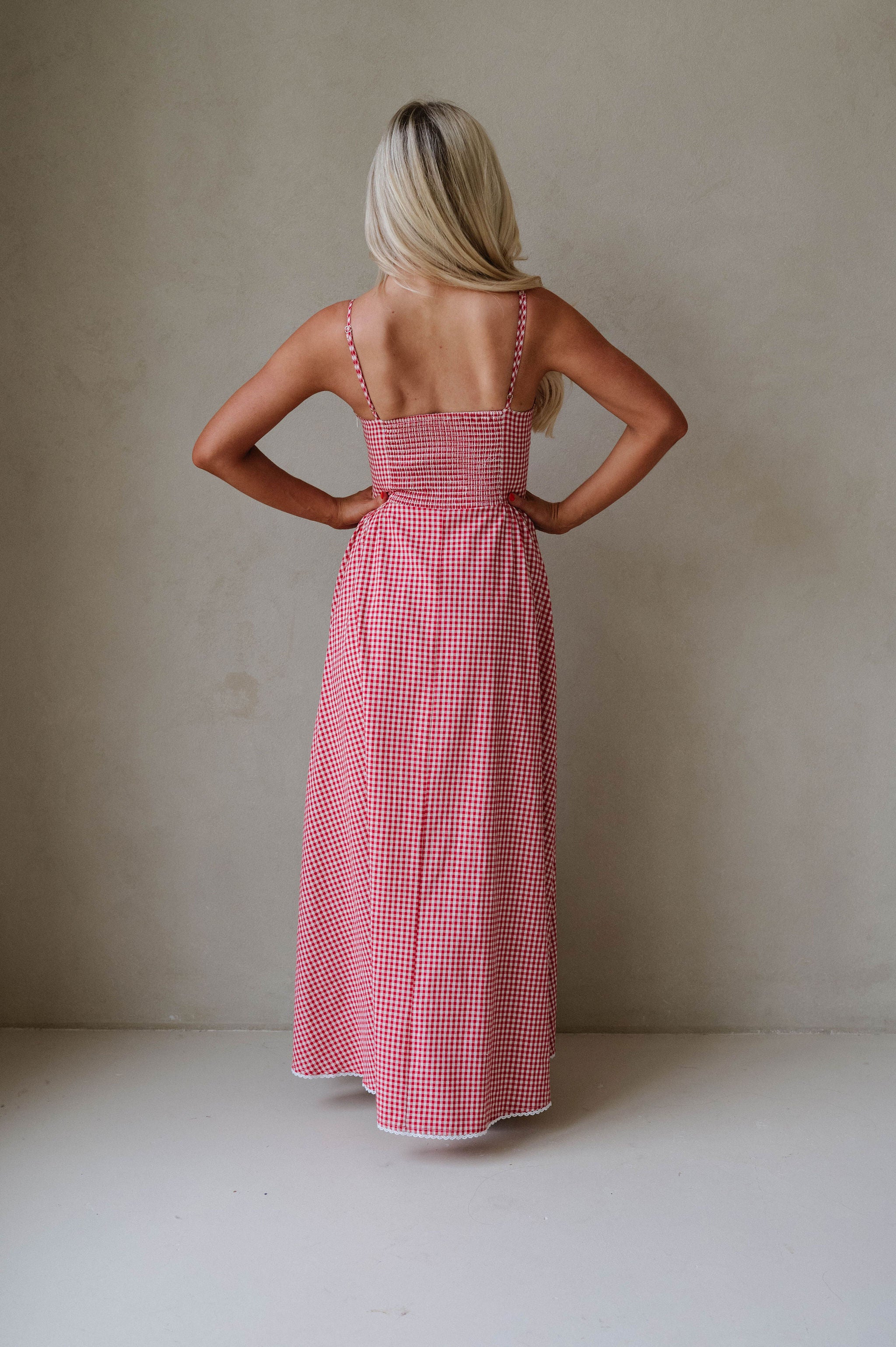 PETITE// Vintage Checkered Maxi Dress-Red