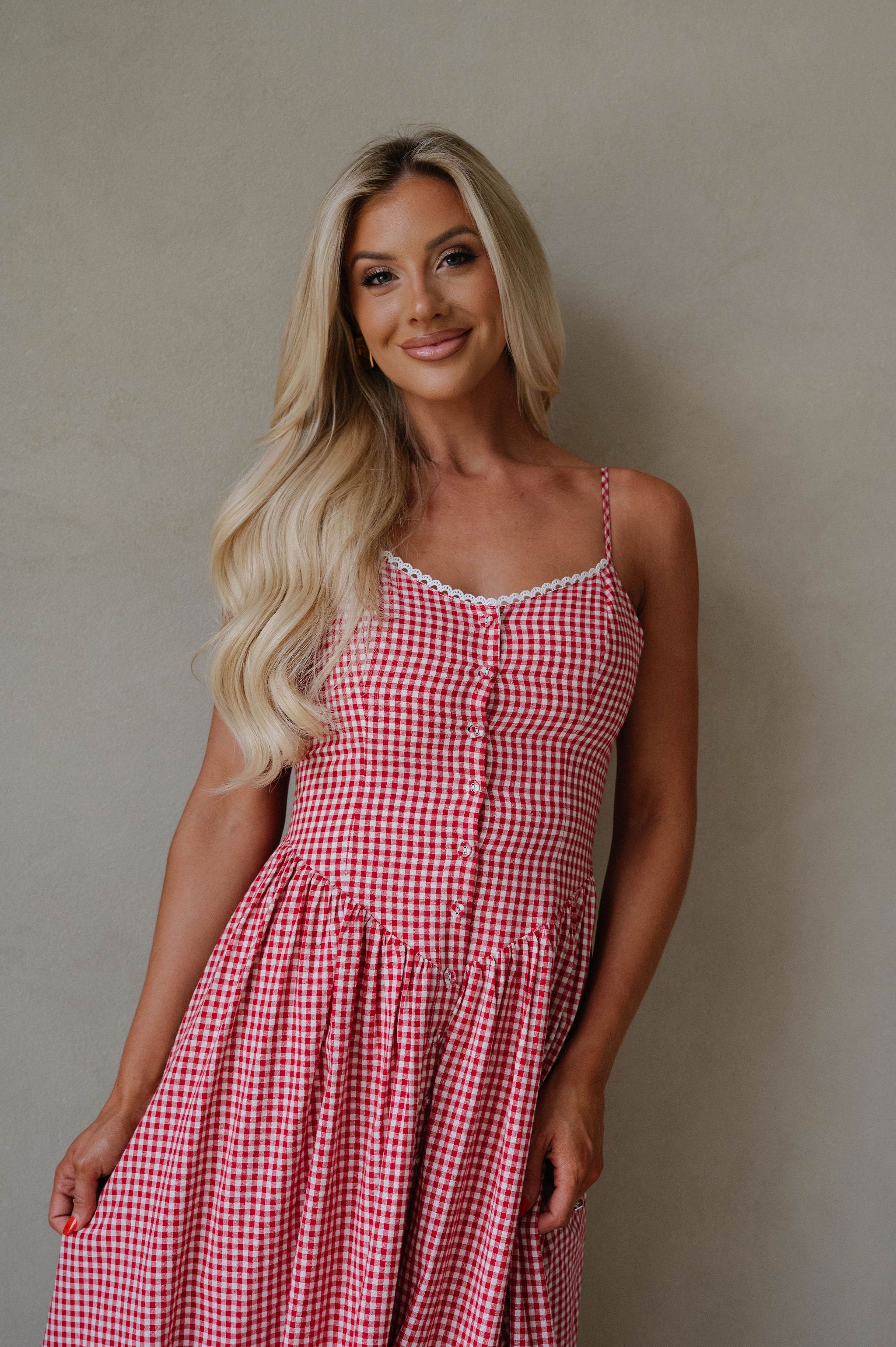 PETITE// Vintage Checkered Maxi Dress-Red