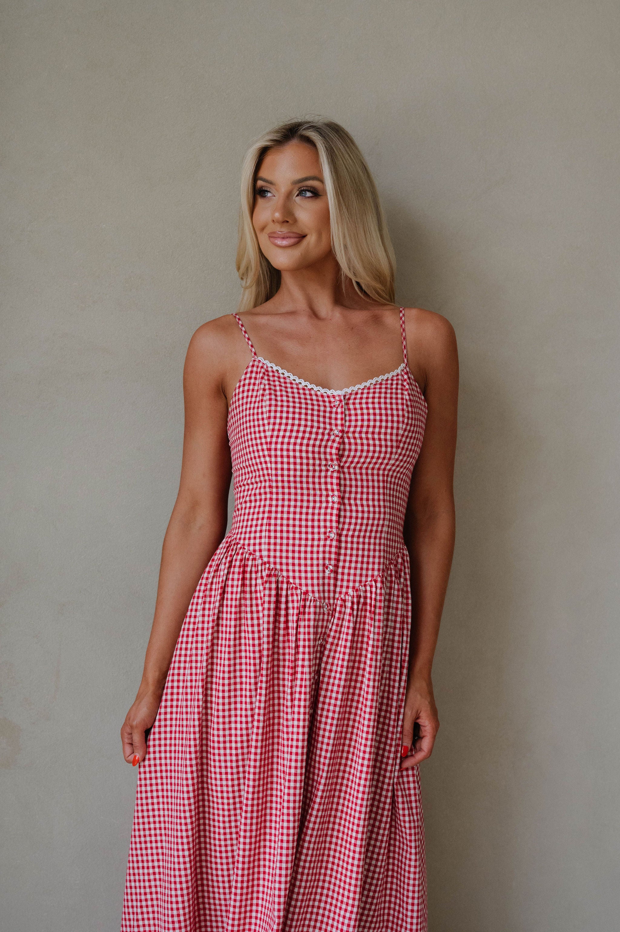 PETITE// Vintage Checkered Maxi Dress-Red