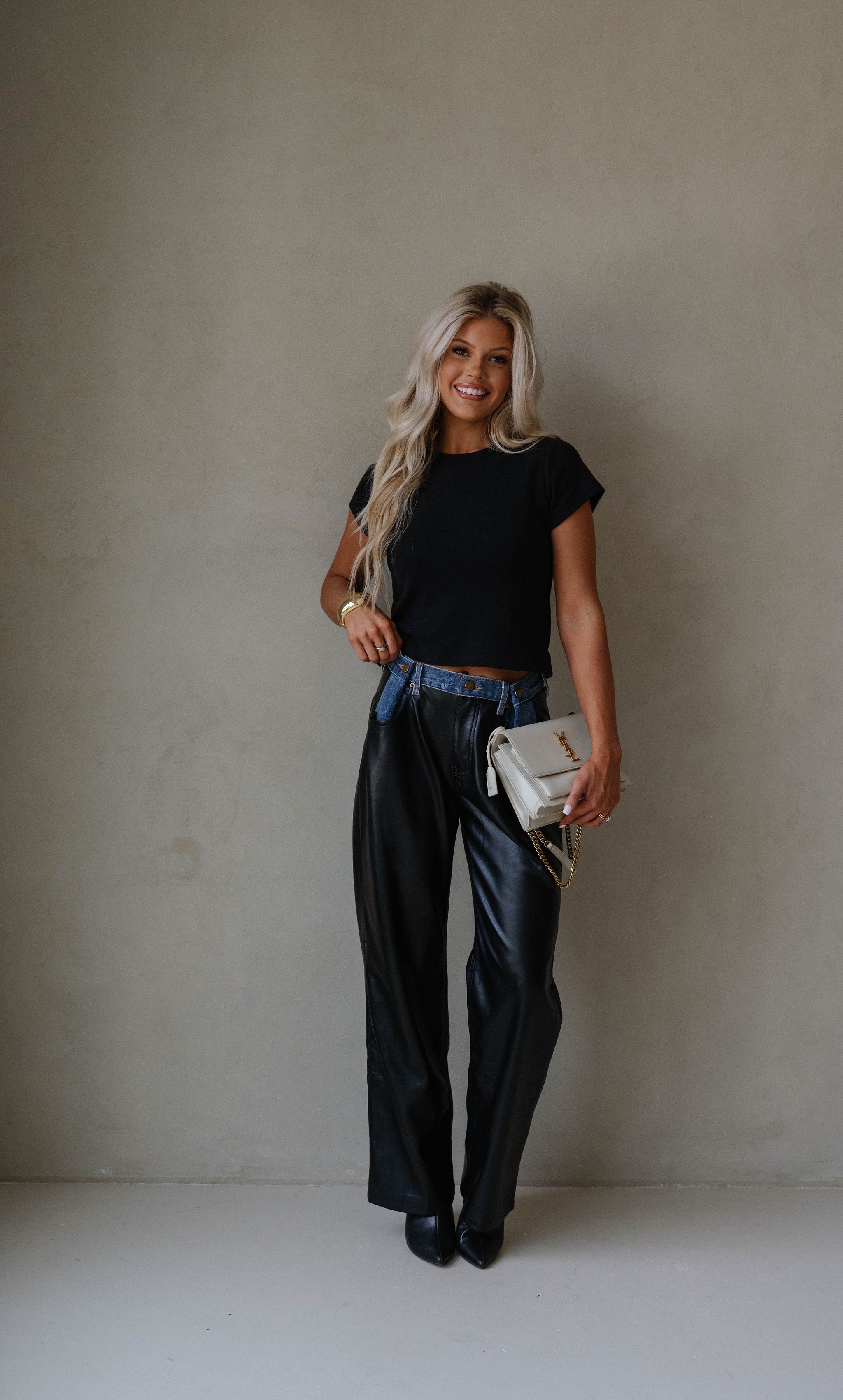 Dakota Contrast Pu Pants-Black Denim