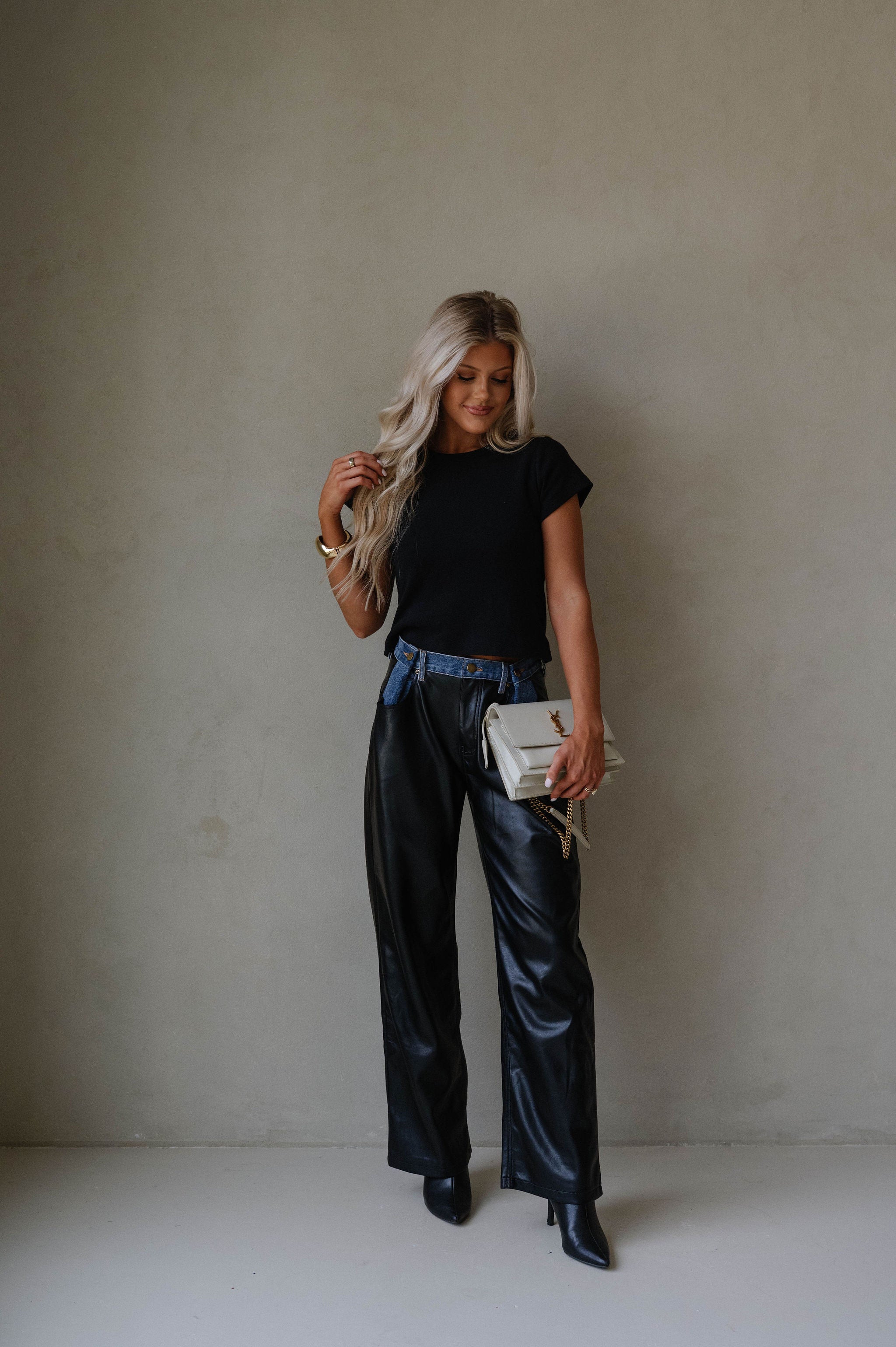 Dakota Contrast Pu Pants-Black Denim