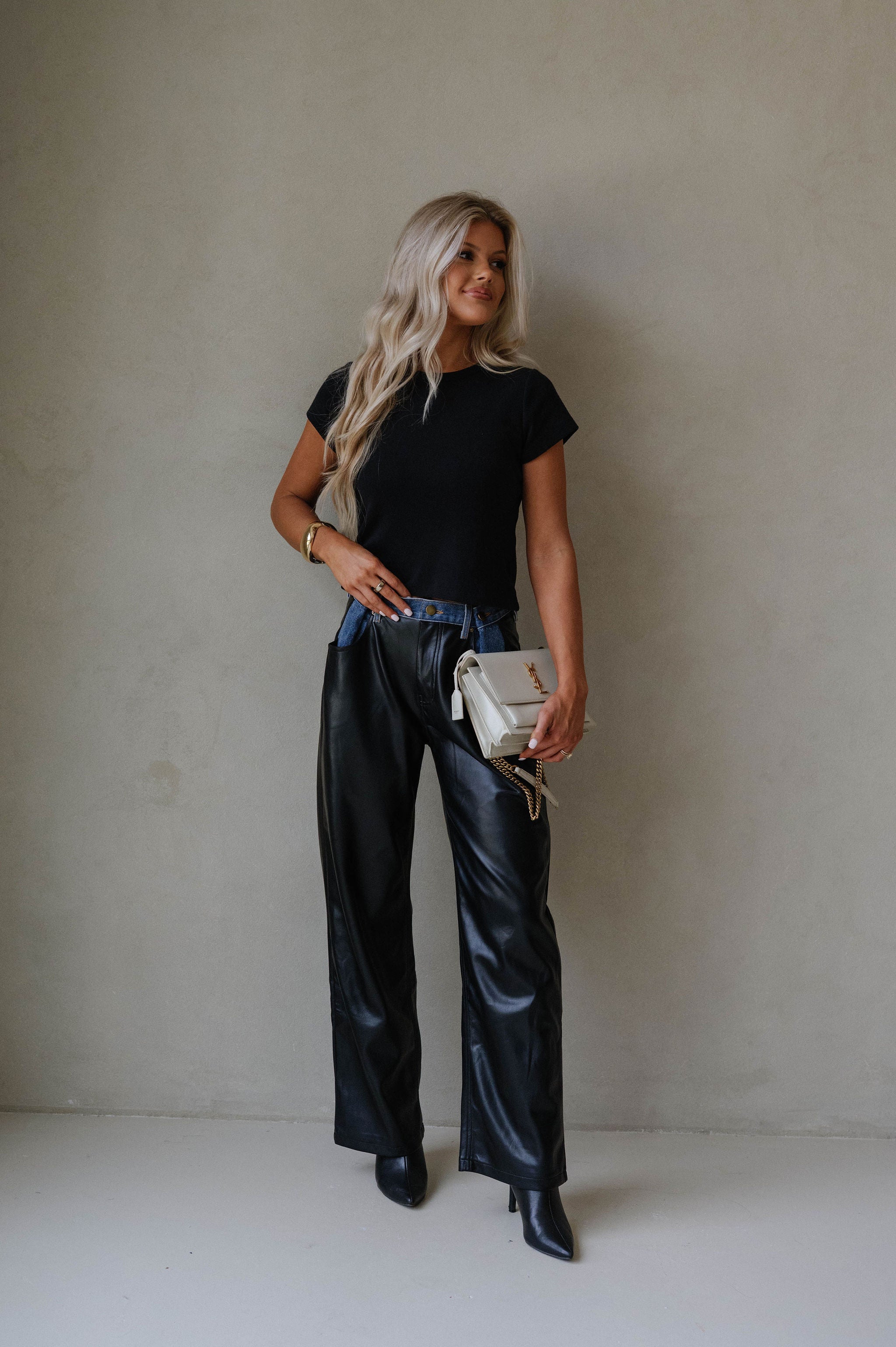 Dakota Contrast Pu Pants-Black Denim