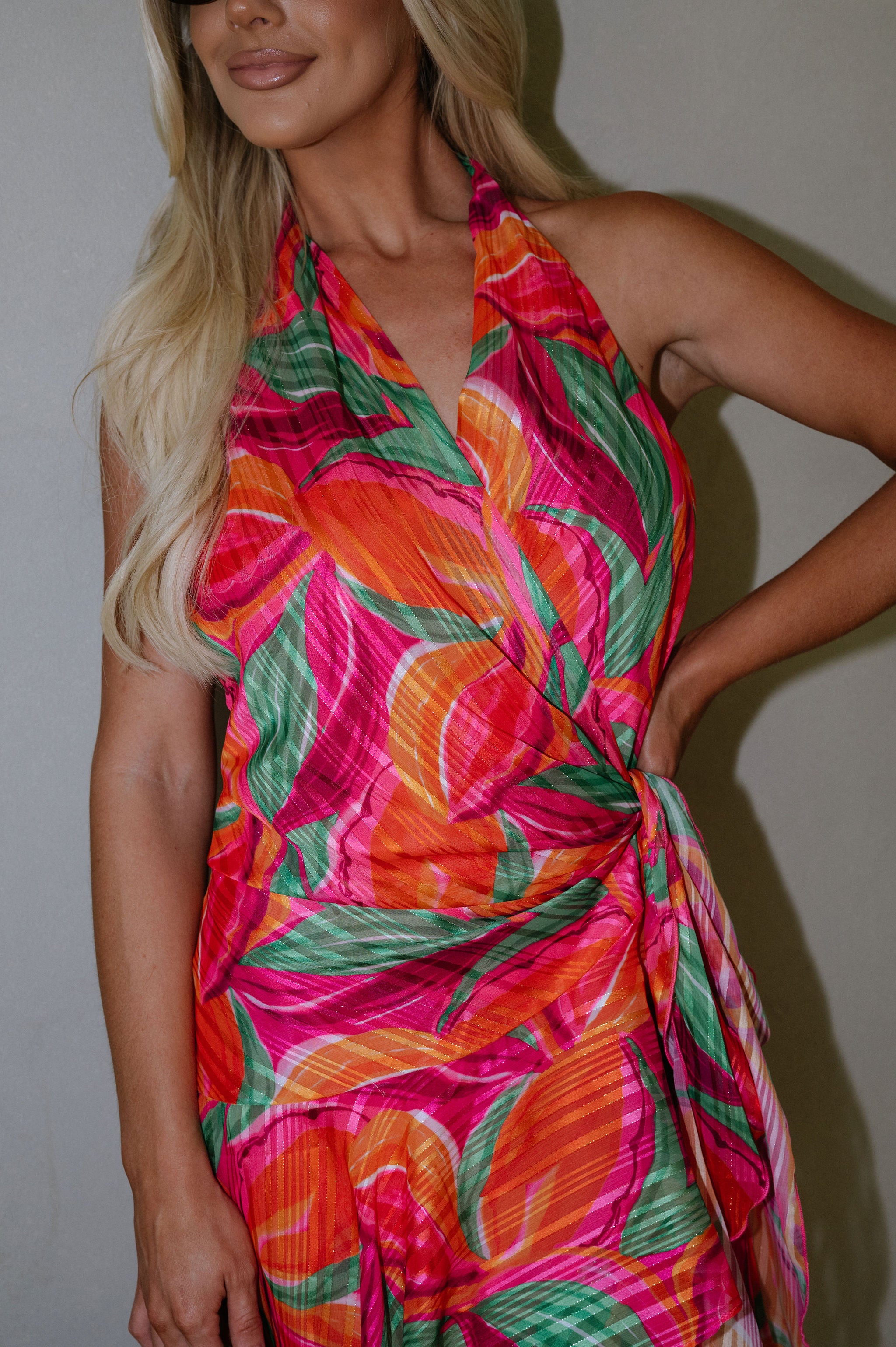 Palms Wrap Dress-Fuchsia