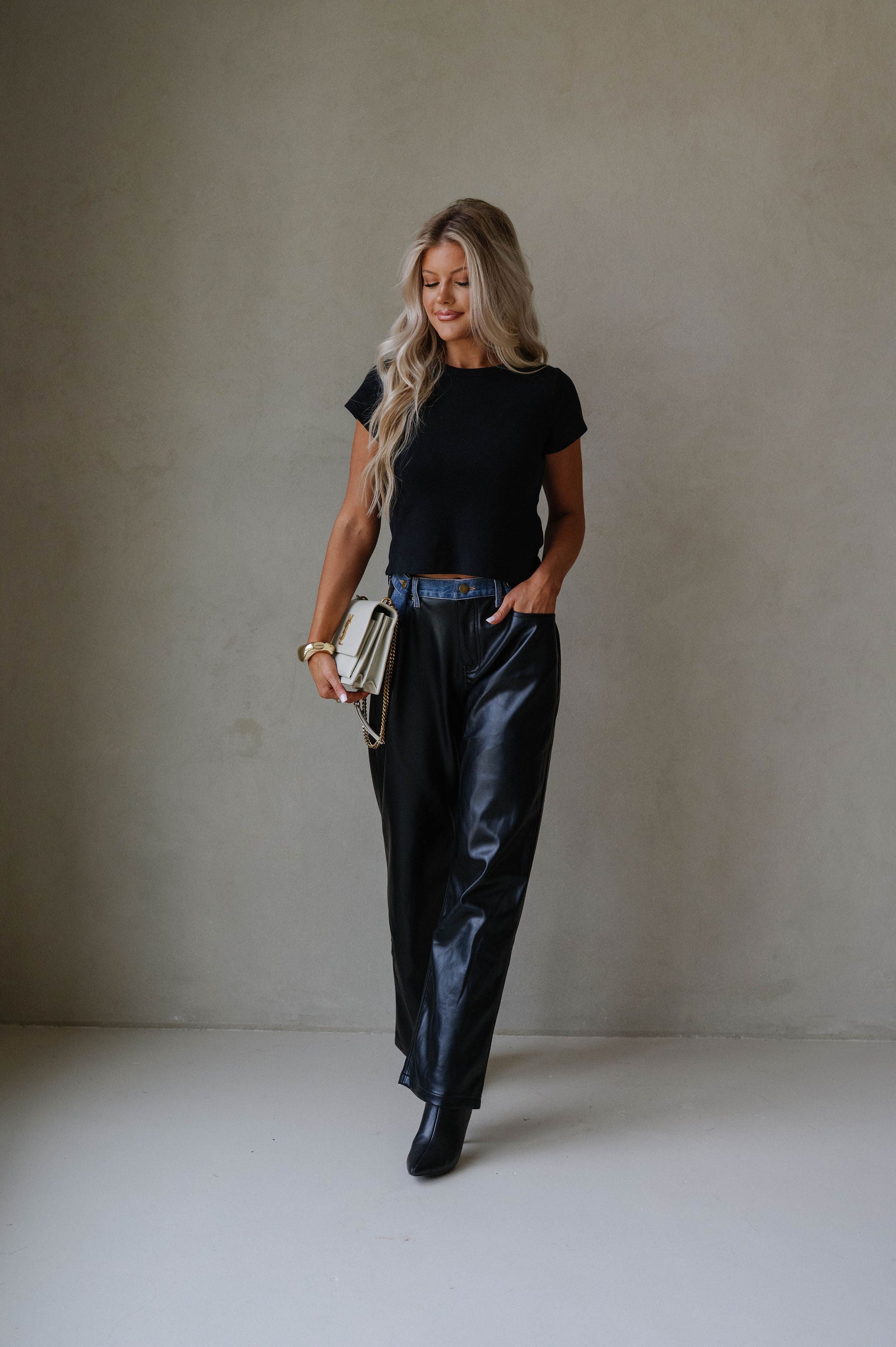 Dakota Contrast Pu Pants-Black Denim