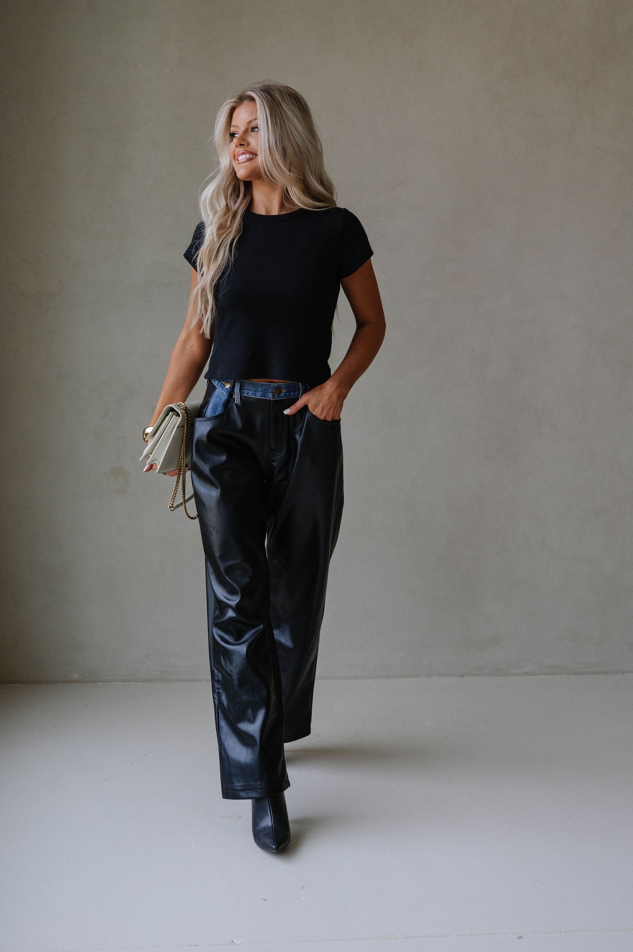 Dakota Contrast Pu Pants-Black Denim