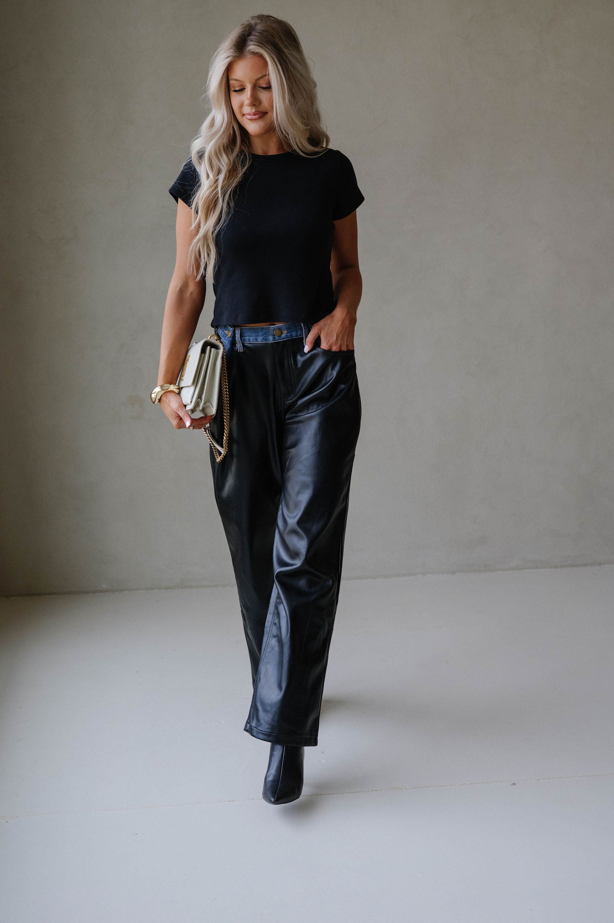Dakota Contrast Pu Pants-Black Denim