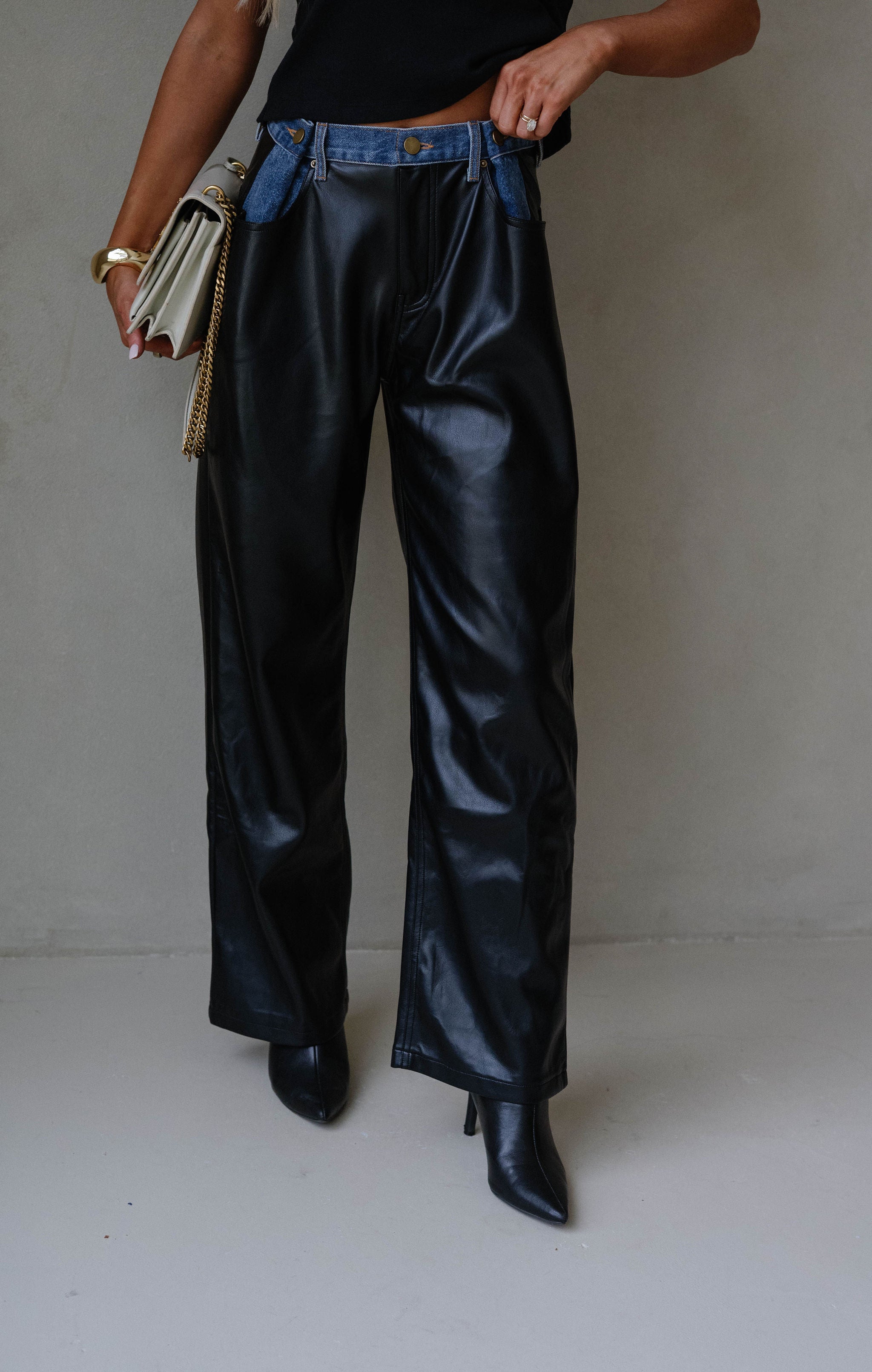 Dakota Contrast Pu Pants-Black Denim