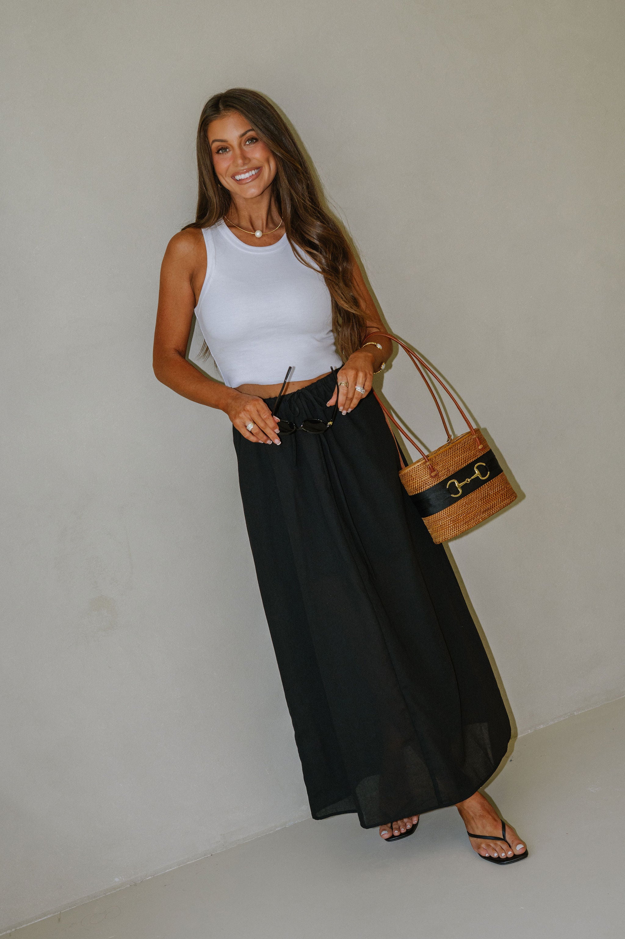 Drawstring Maxi Skirt-Black