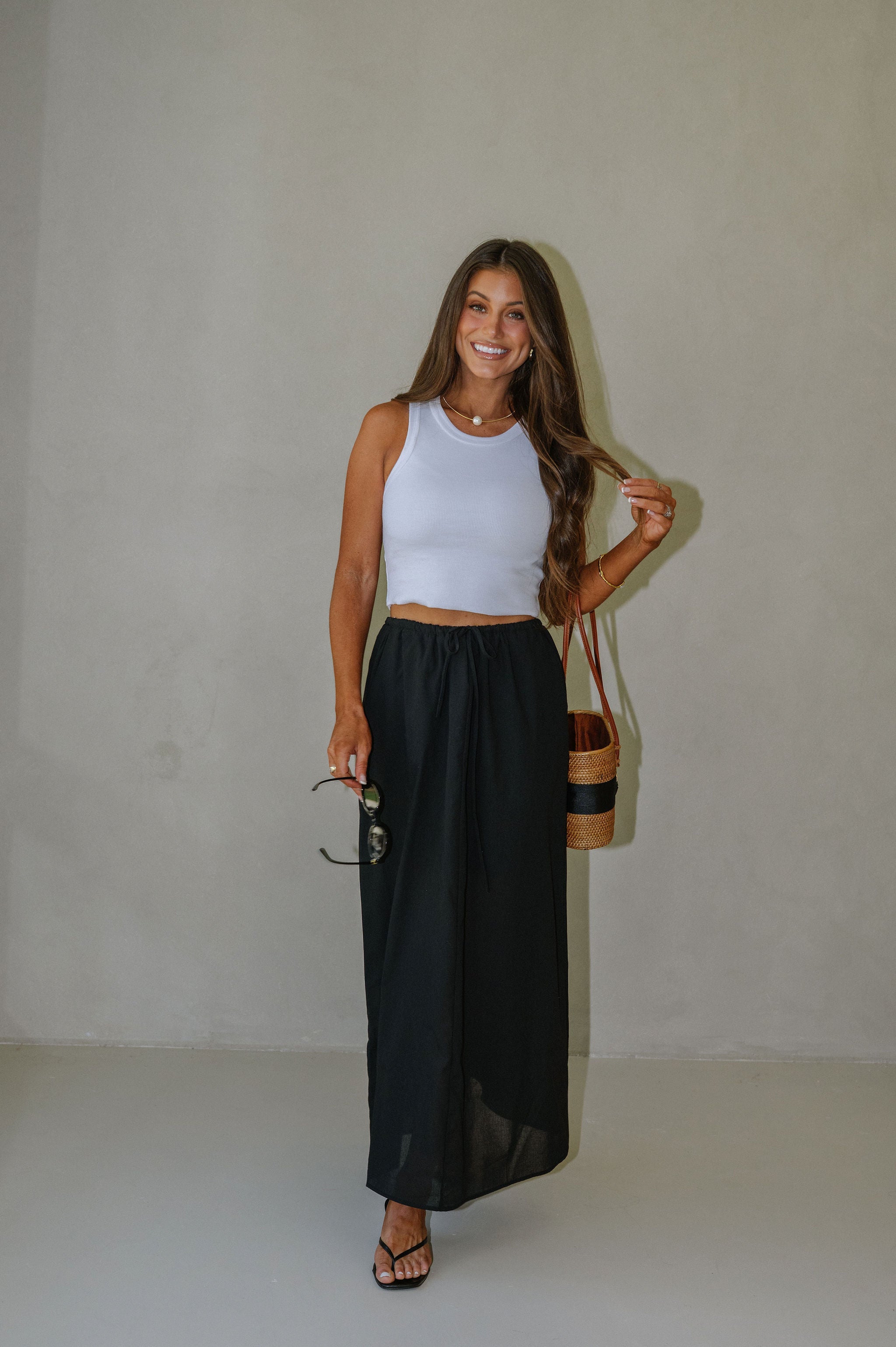 Drawstring Maxi Skirt-Black