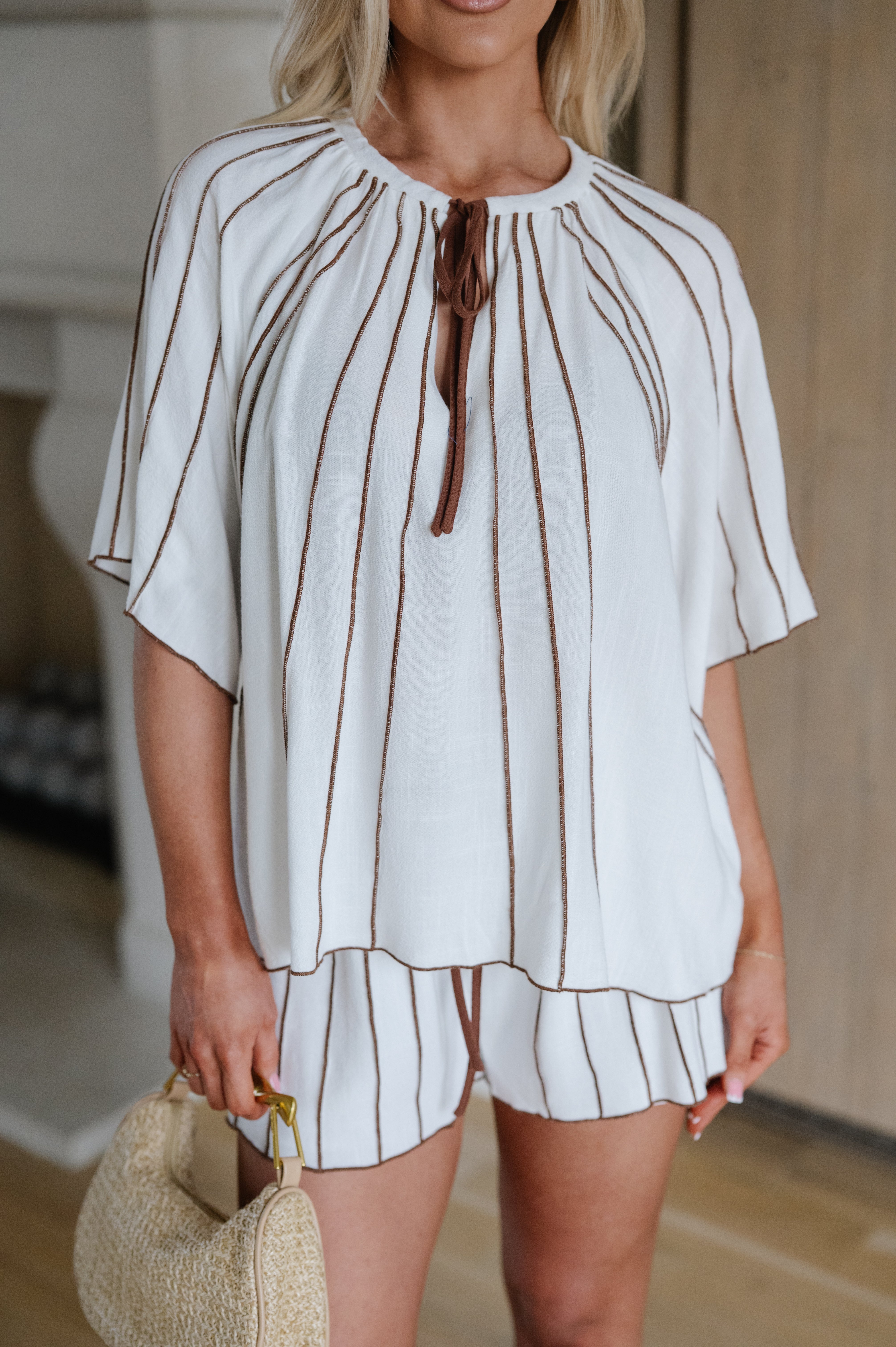 Paneled Linen Shorts Set- Off White