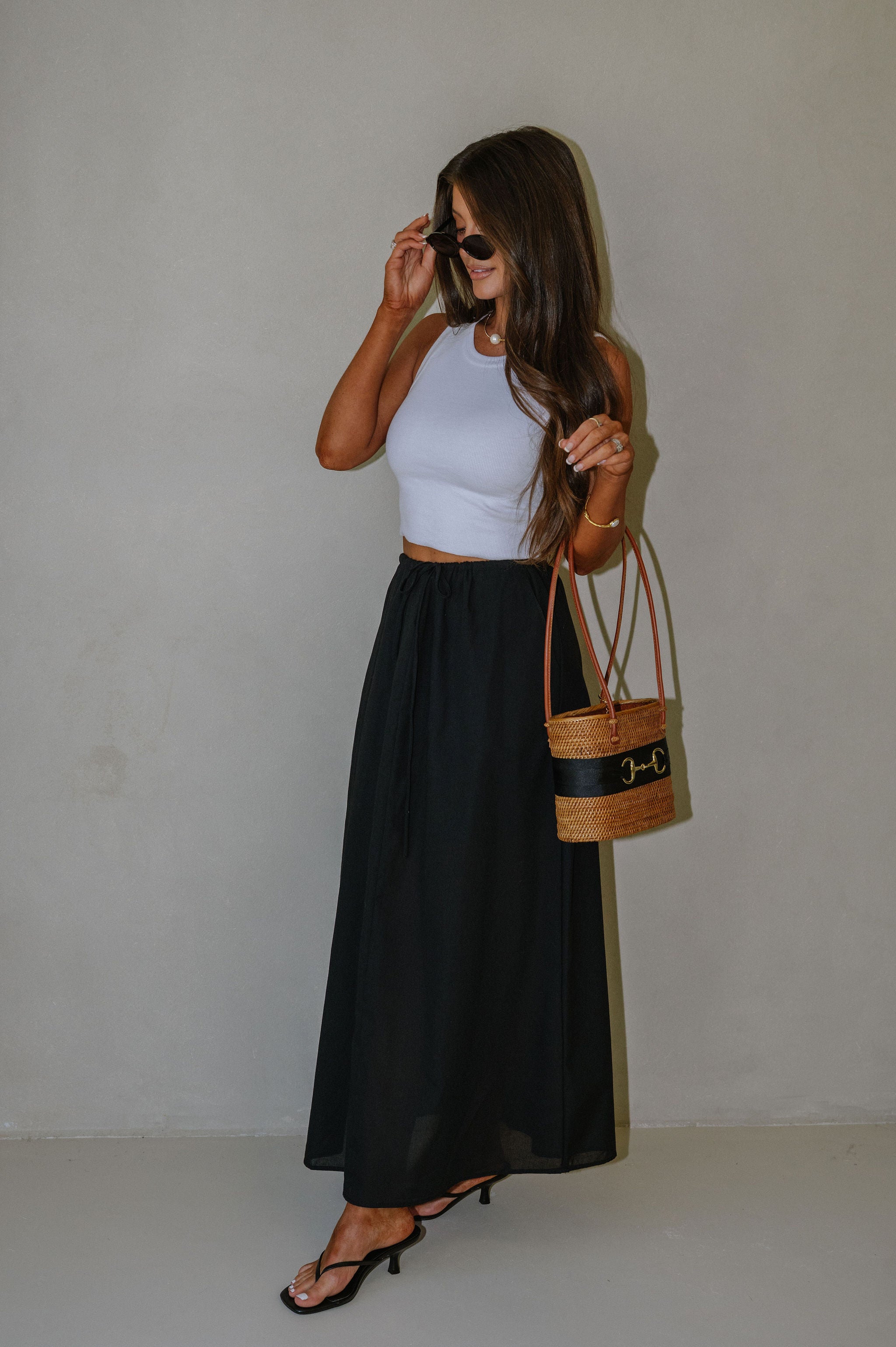 Drawstring Maxi Skirt-Black