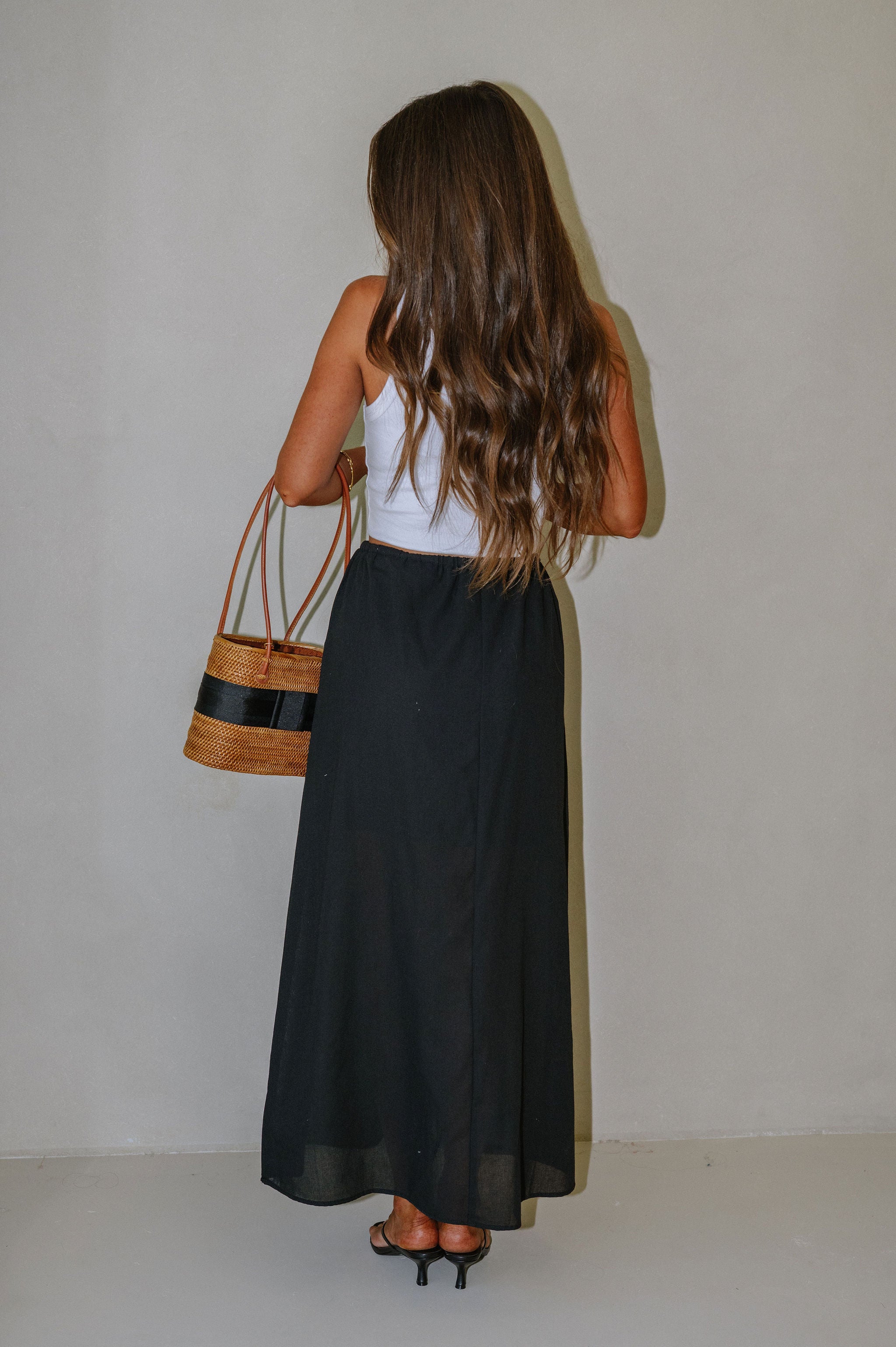 Drawstring Maxi Skirt-Black
