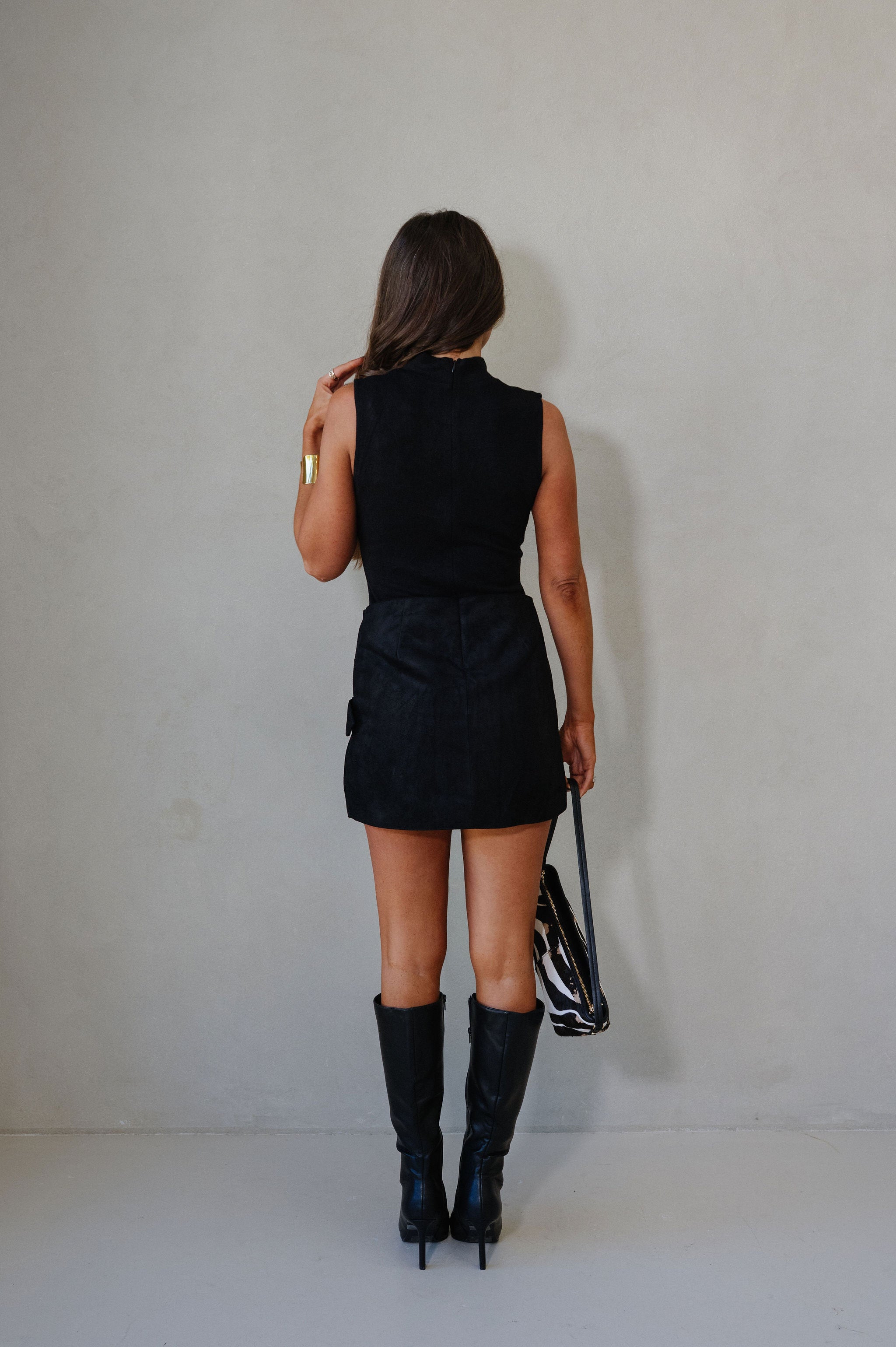 High Neck Belted Dress-Black