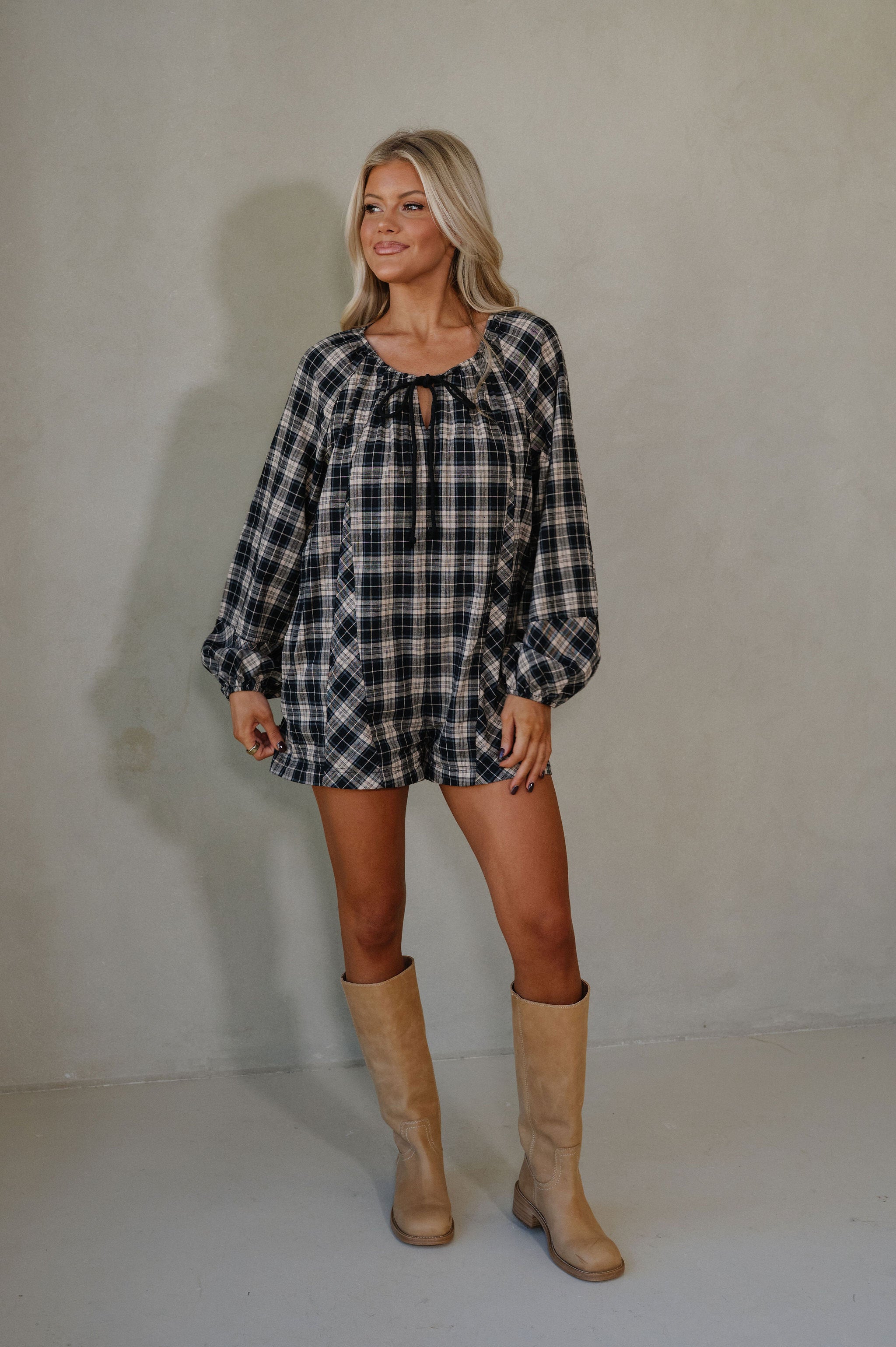 Plaid Flannel Romper-Black/Beige