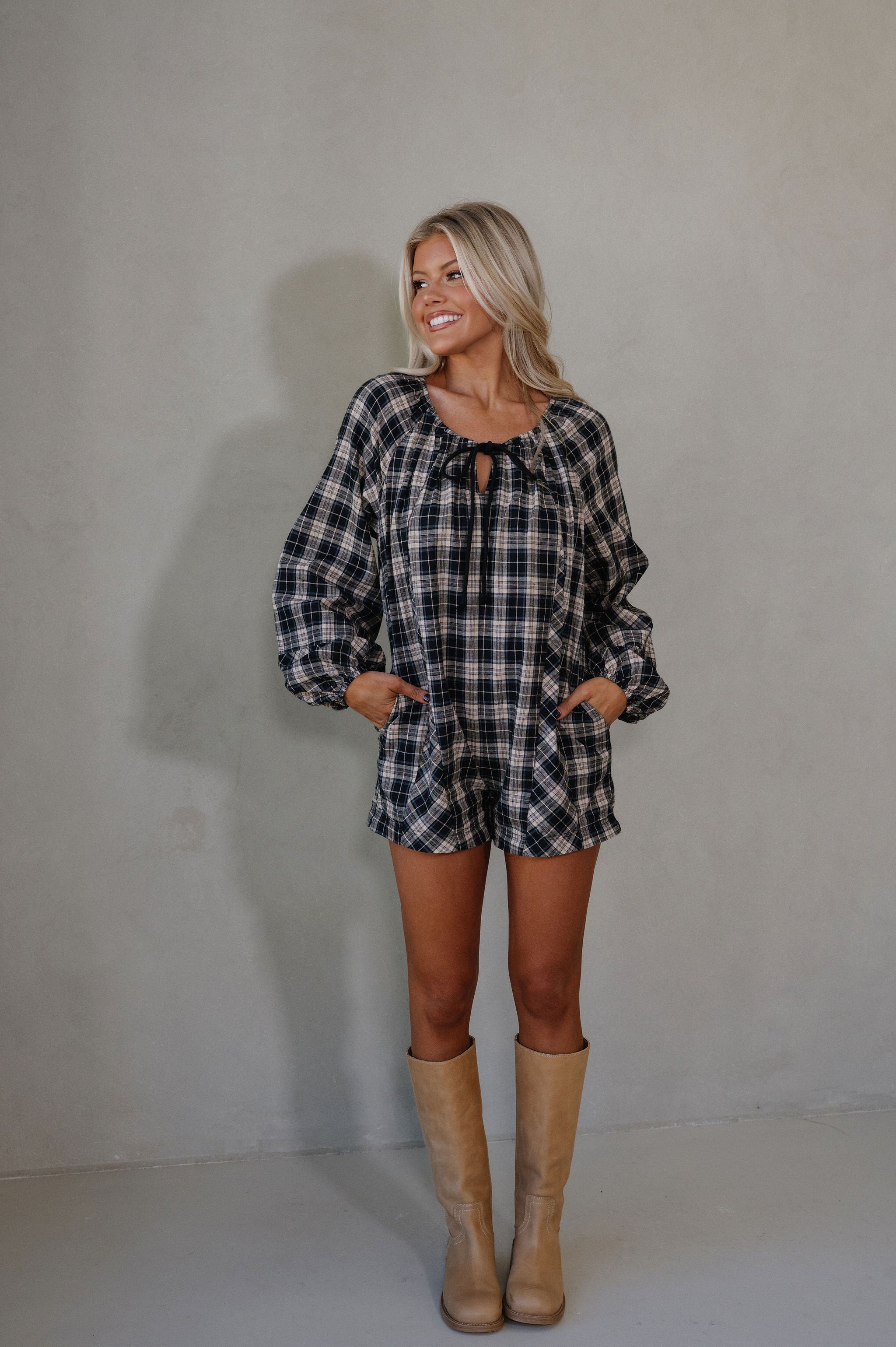Plaid Flannel Romper-Black/Beige