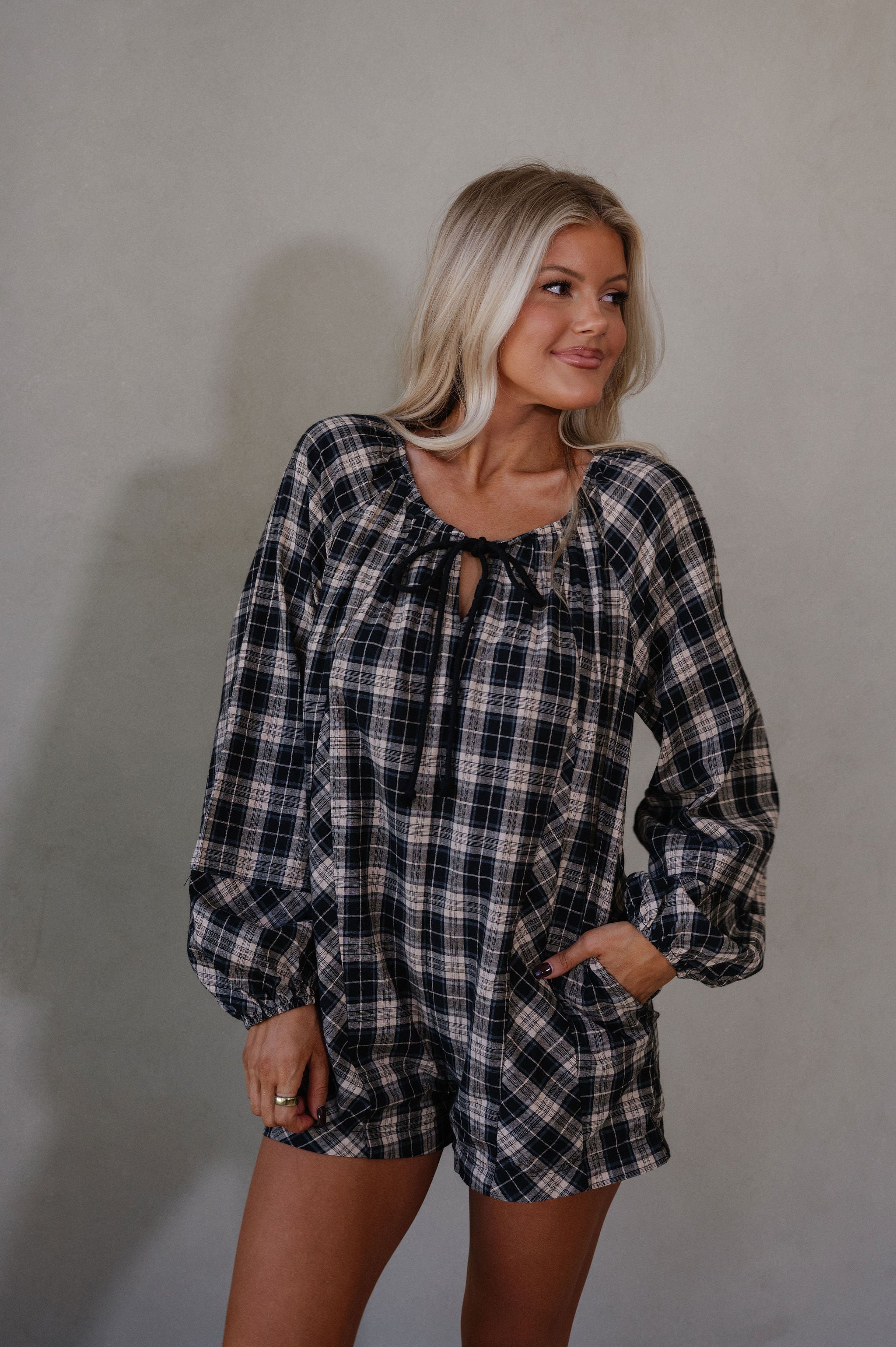 Plaid Flannel Romper-Black/Beige