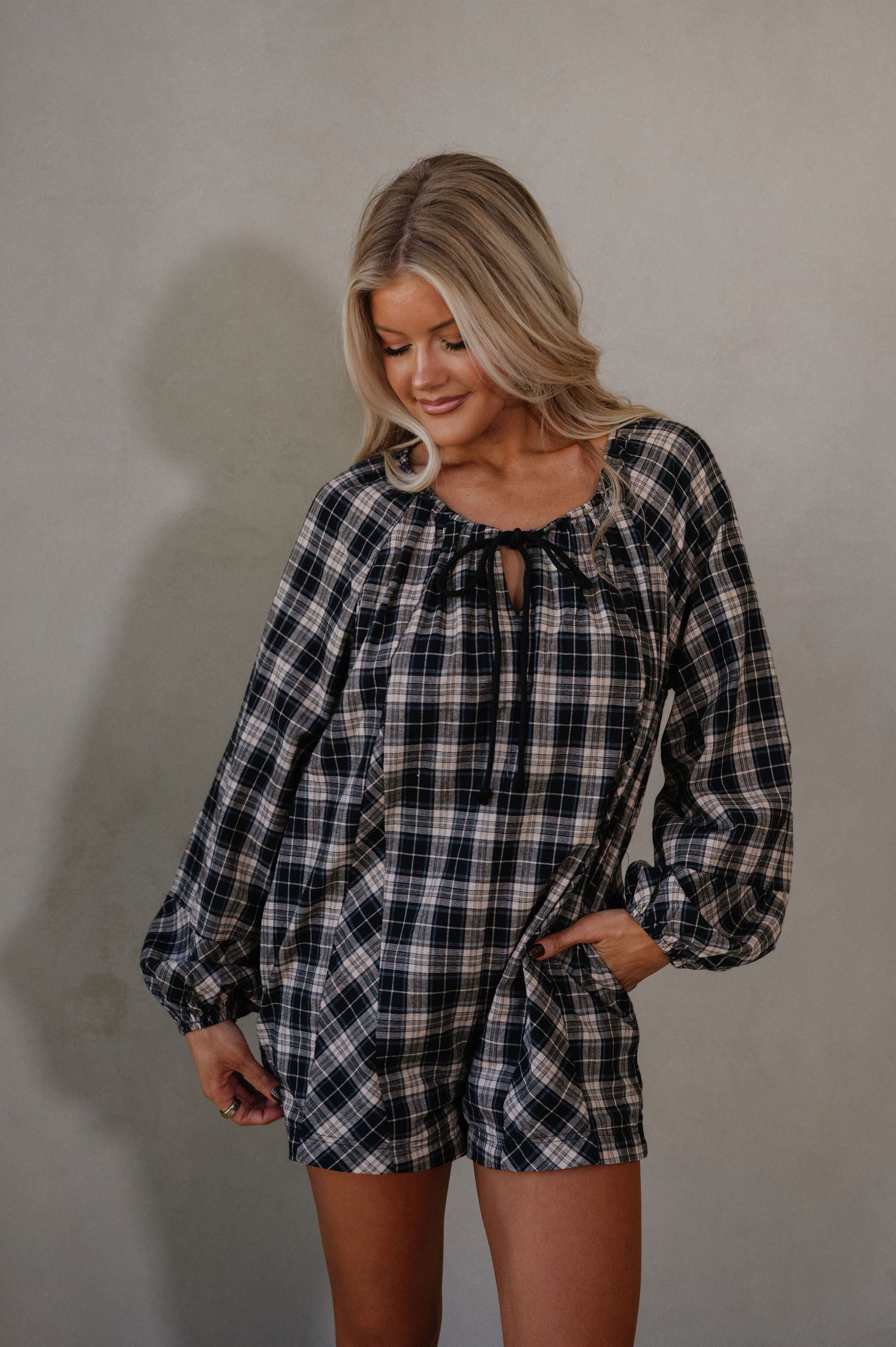 Plaid Flannel Romper-Black/Beige