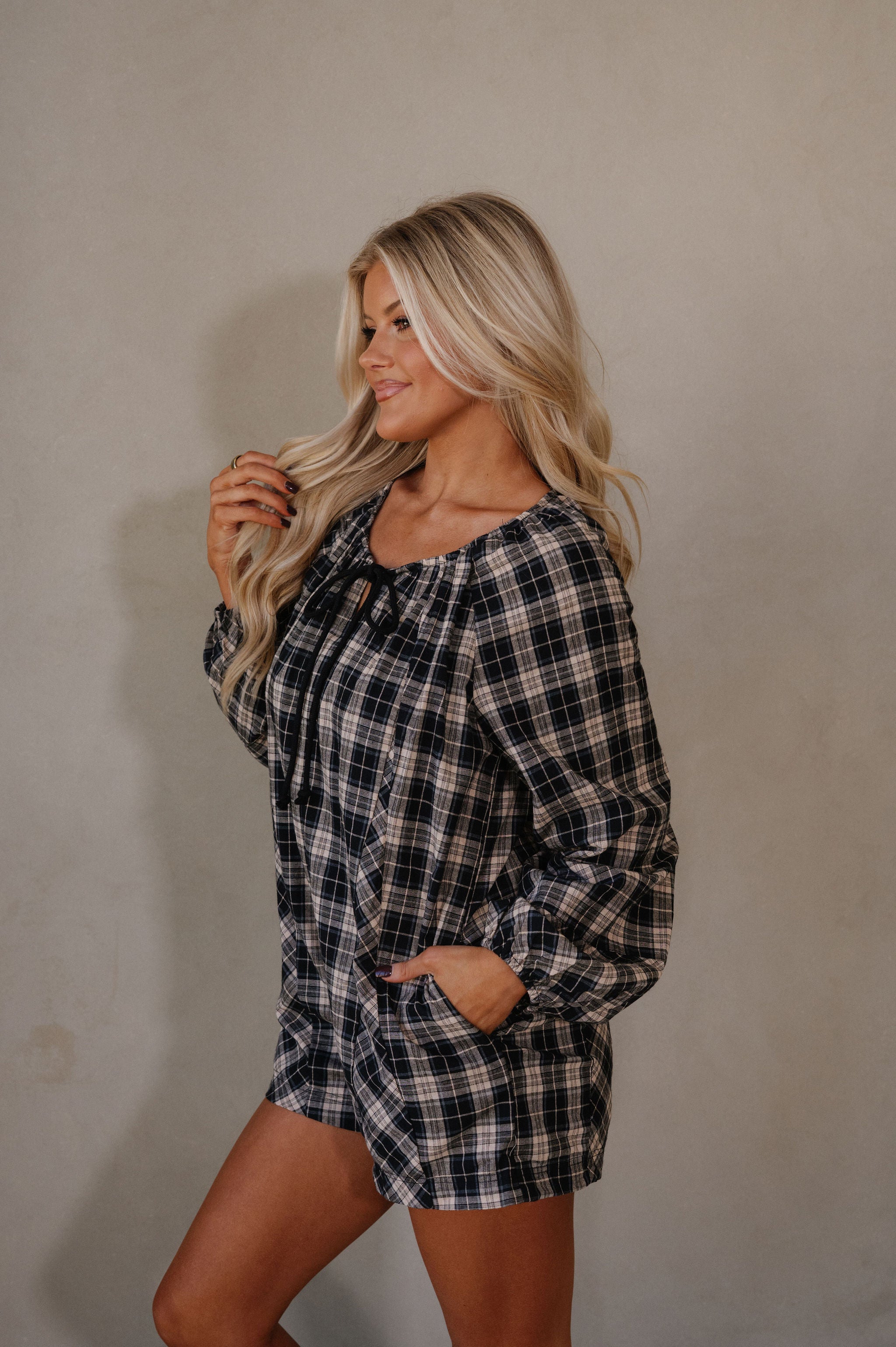 Plaid Flannel Romper-Black/Beige