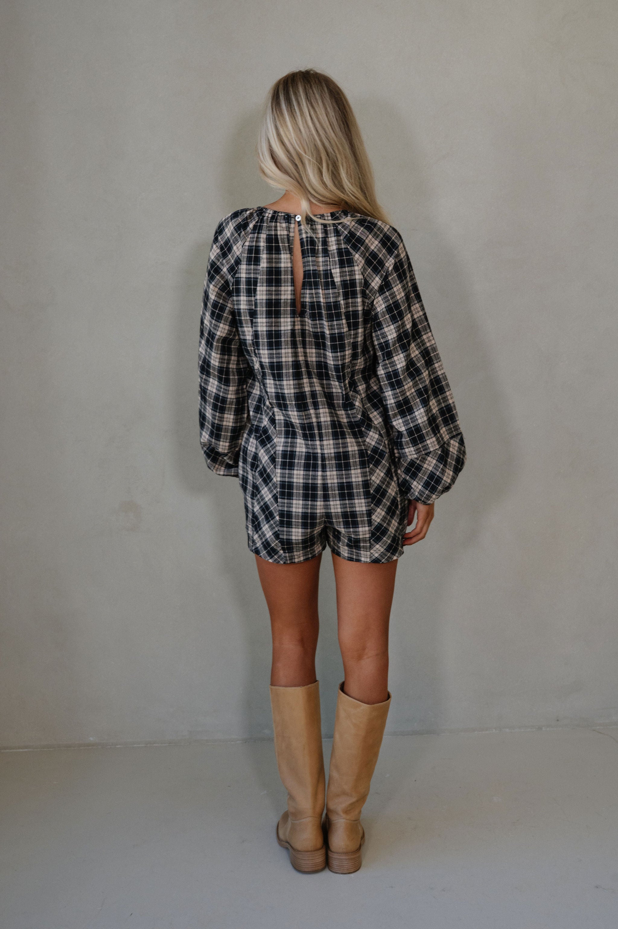 Plaid Flannel Romper-Black/Beige